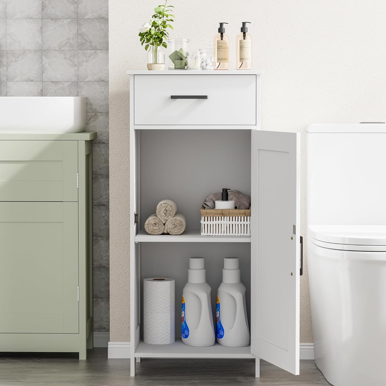 35.4" H Bathroom Cabinet with Drawer, Bathroom Organizers and Storage, Adjustable Shelves