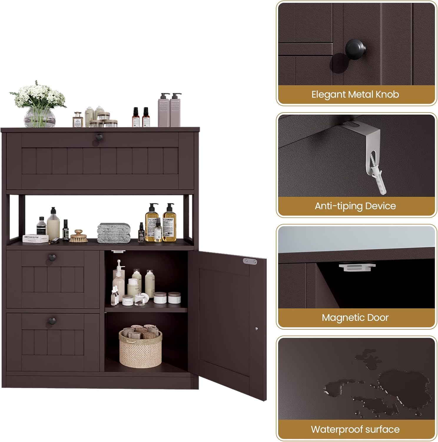 Bathroom Cabinet, Modern Bathroom Floor Storage Cabinet Organizer with 1 Door and 3 Drawers