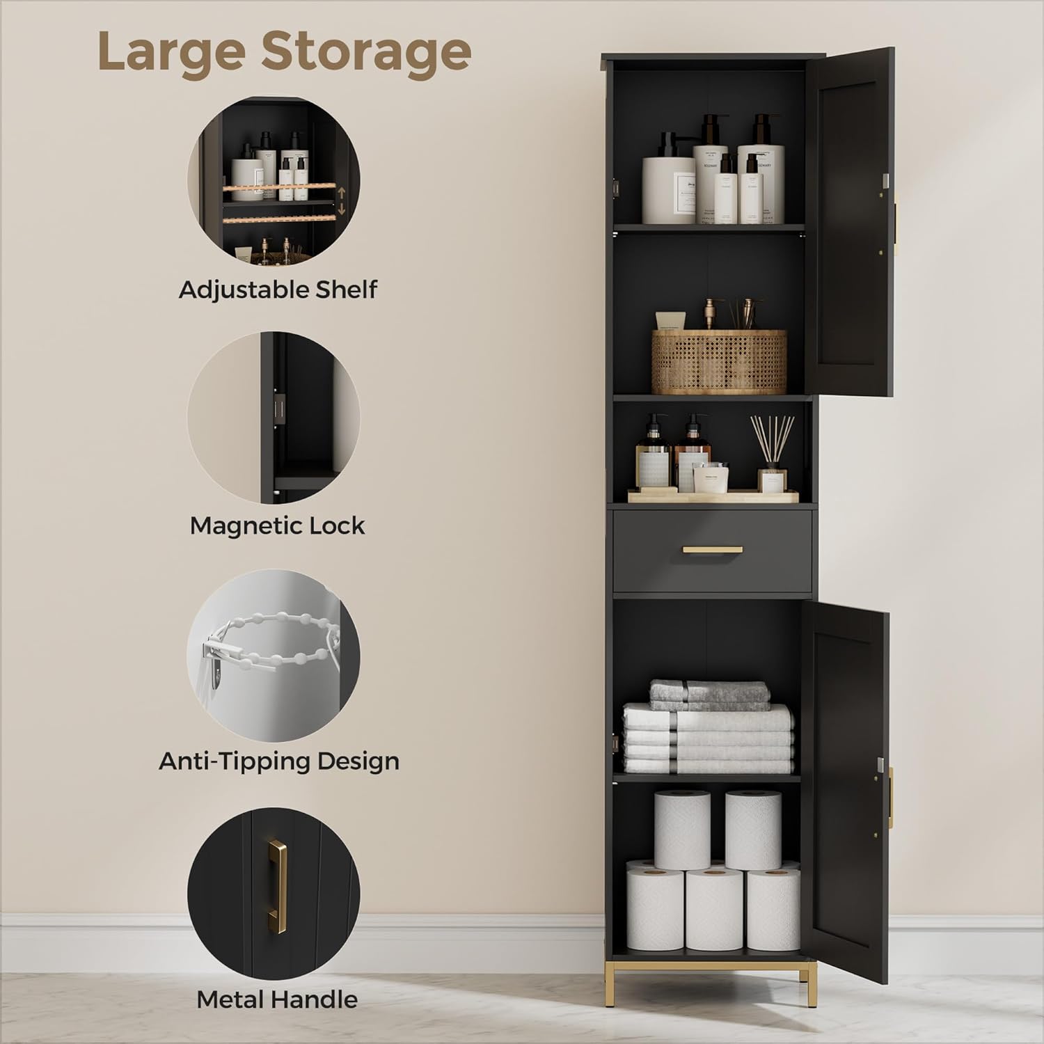 67" H Bathroom Storage Cabinet, Tall Storage Cabinet with Adjustable Shelves, Freestanding Cabinet with Doors and Drawer