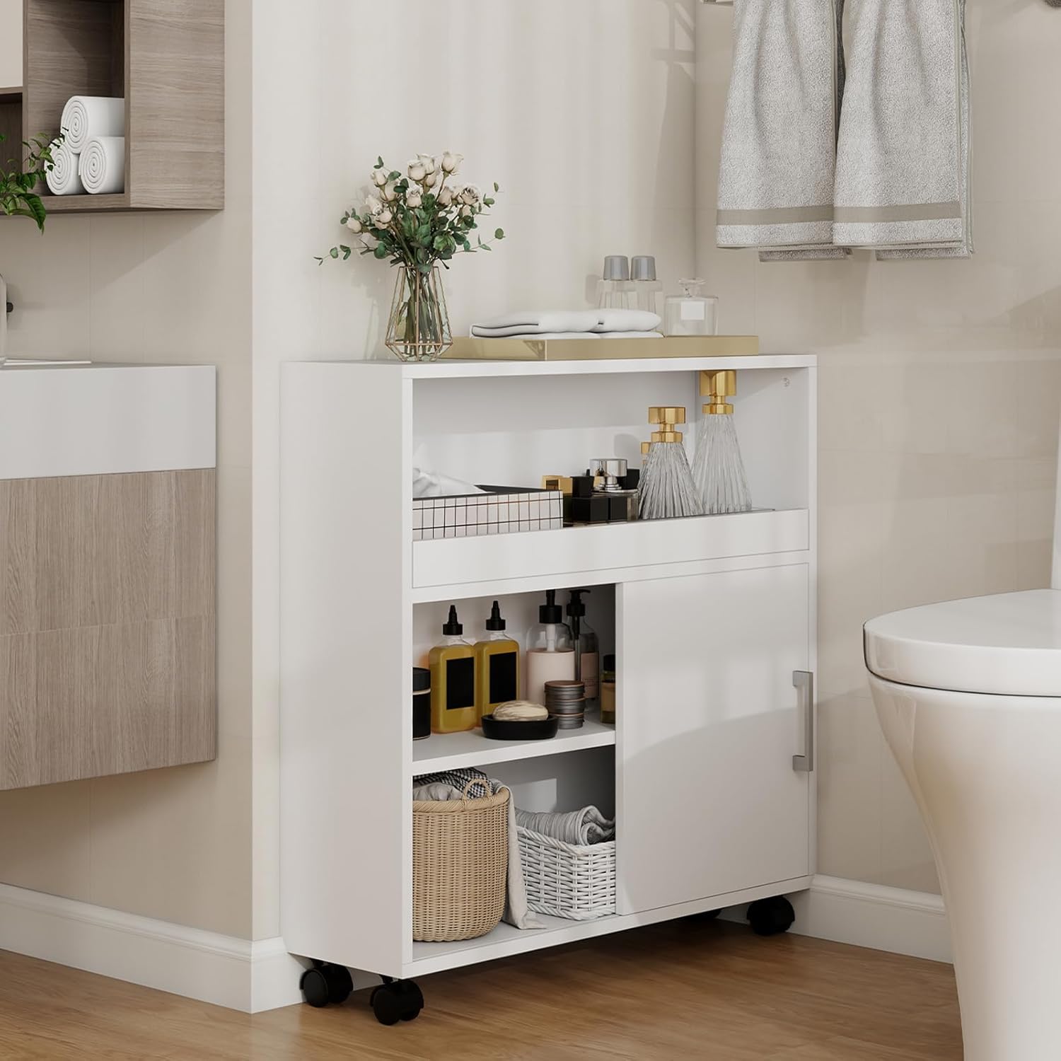 Narrow Slim Bathroom Organizer Storage Cabinet with Sliding Door and Adjustable Shelf