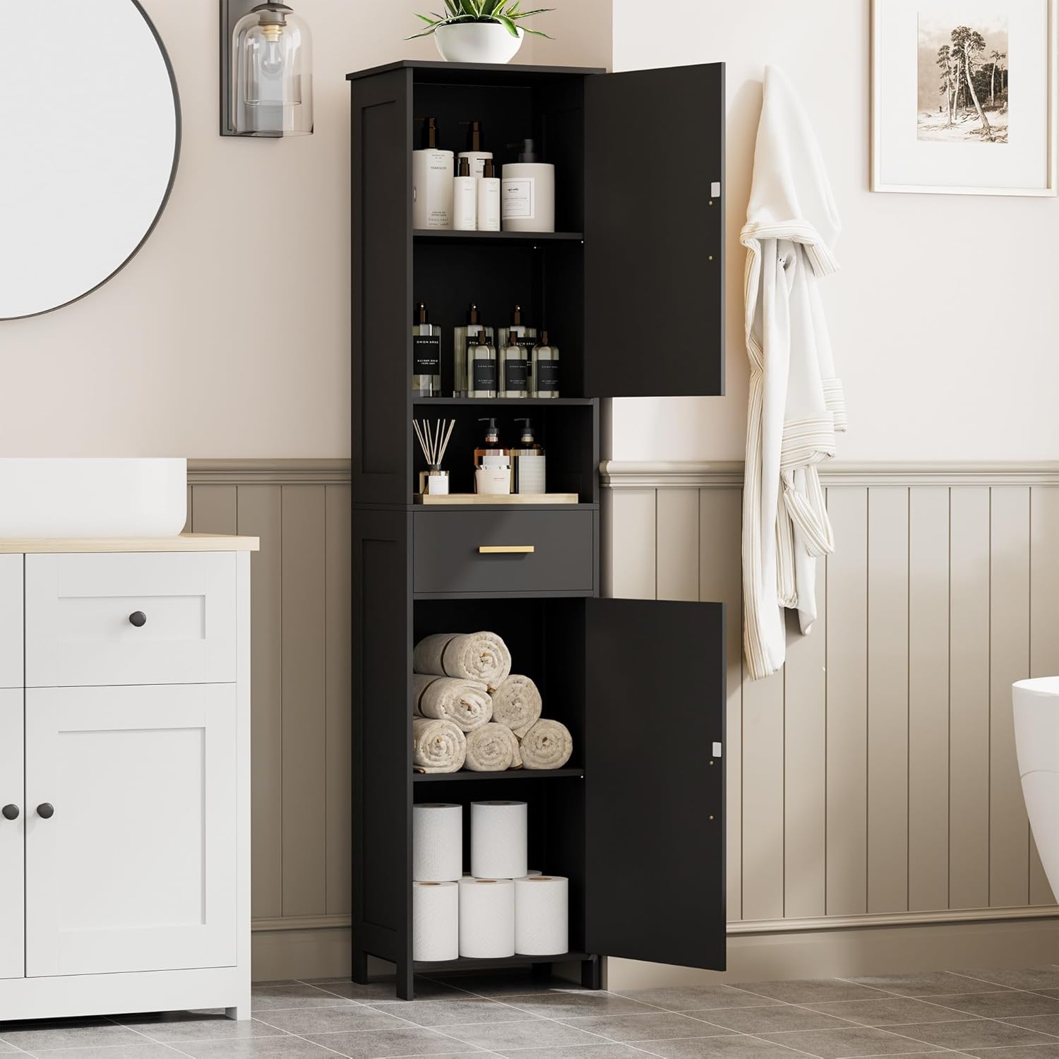 67"H Tall Bathroom Storage Cabinet with Rattan Decorated Door and Drawer, Narrow Storage Unit