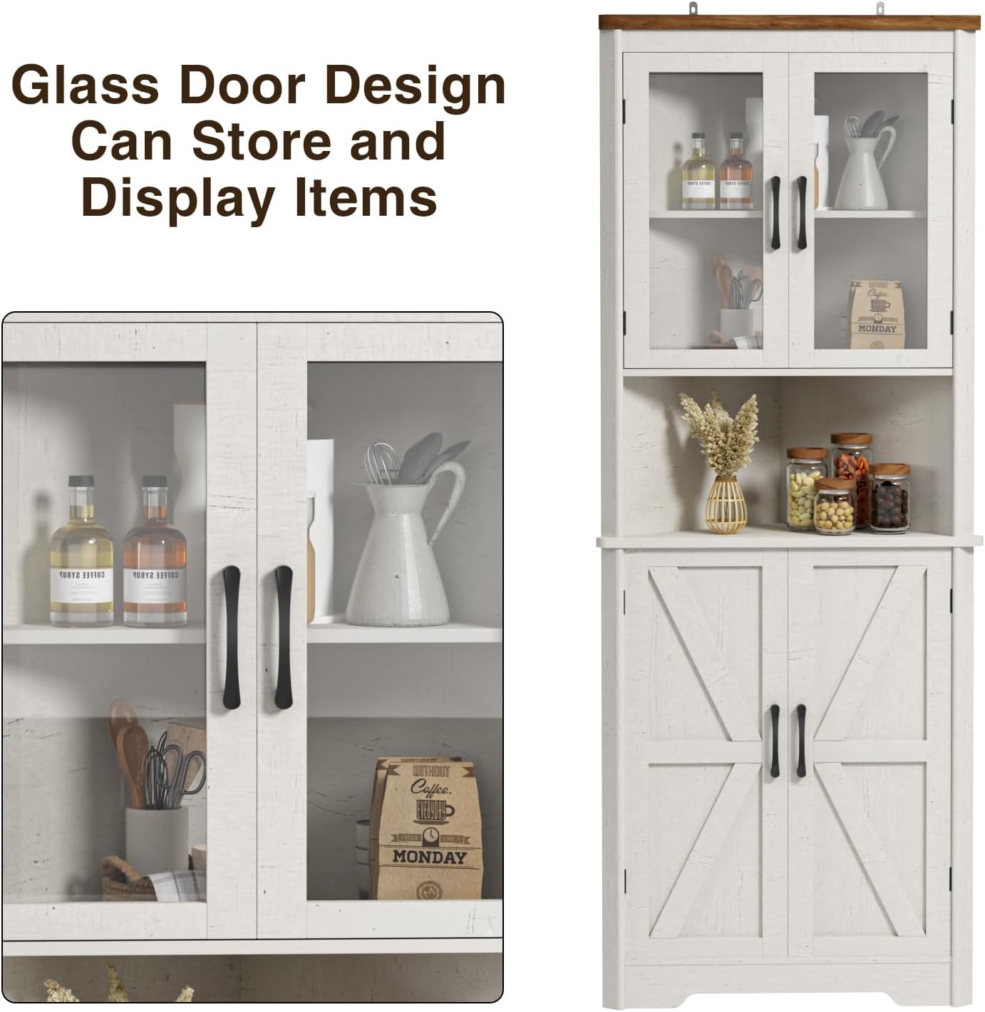 67''H Tall Corner Cabinet with 4 Tempered Glass Doors and Barn Doors