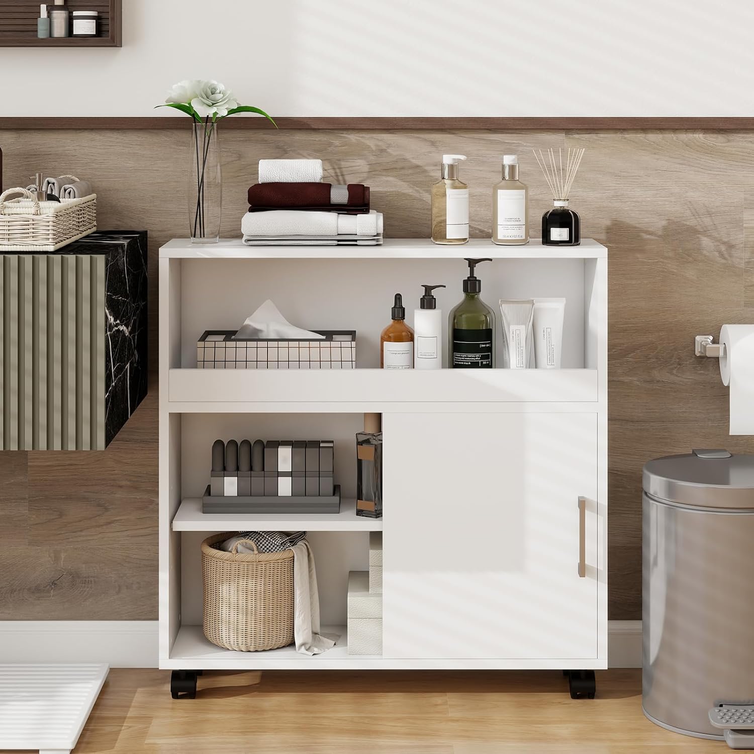 Narrow Slim Bathroom Organizer Storage Cabinet with Sliding Door and Adjustable Shelf