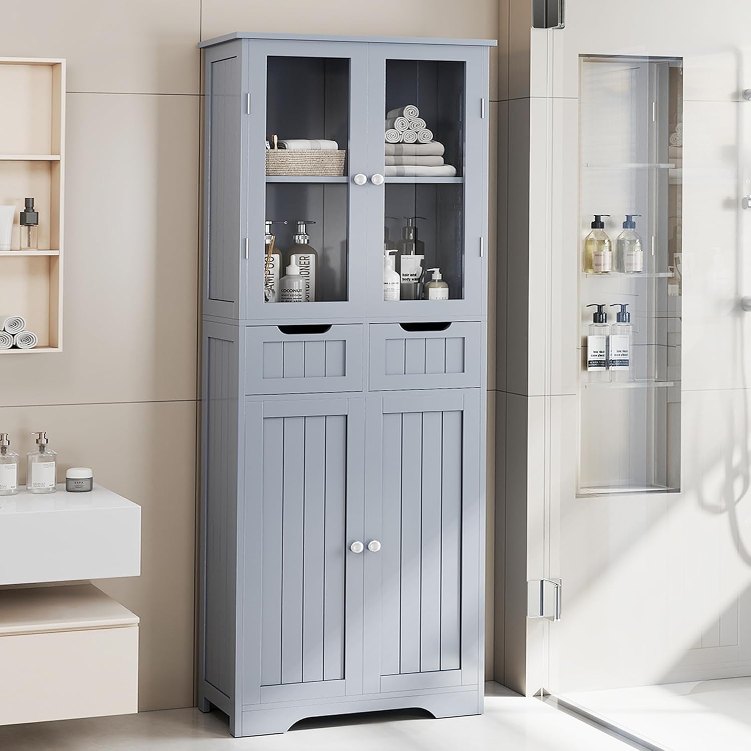 67" Tall White Bathroom Cabinet Storage Cabinet, Freestanding Storage Cabinet with Glass Door and Adjustable Shelves