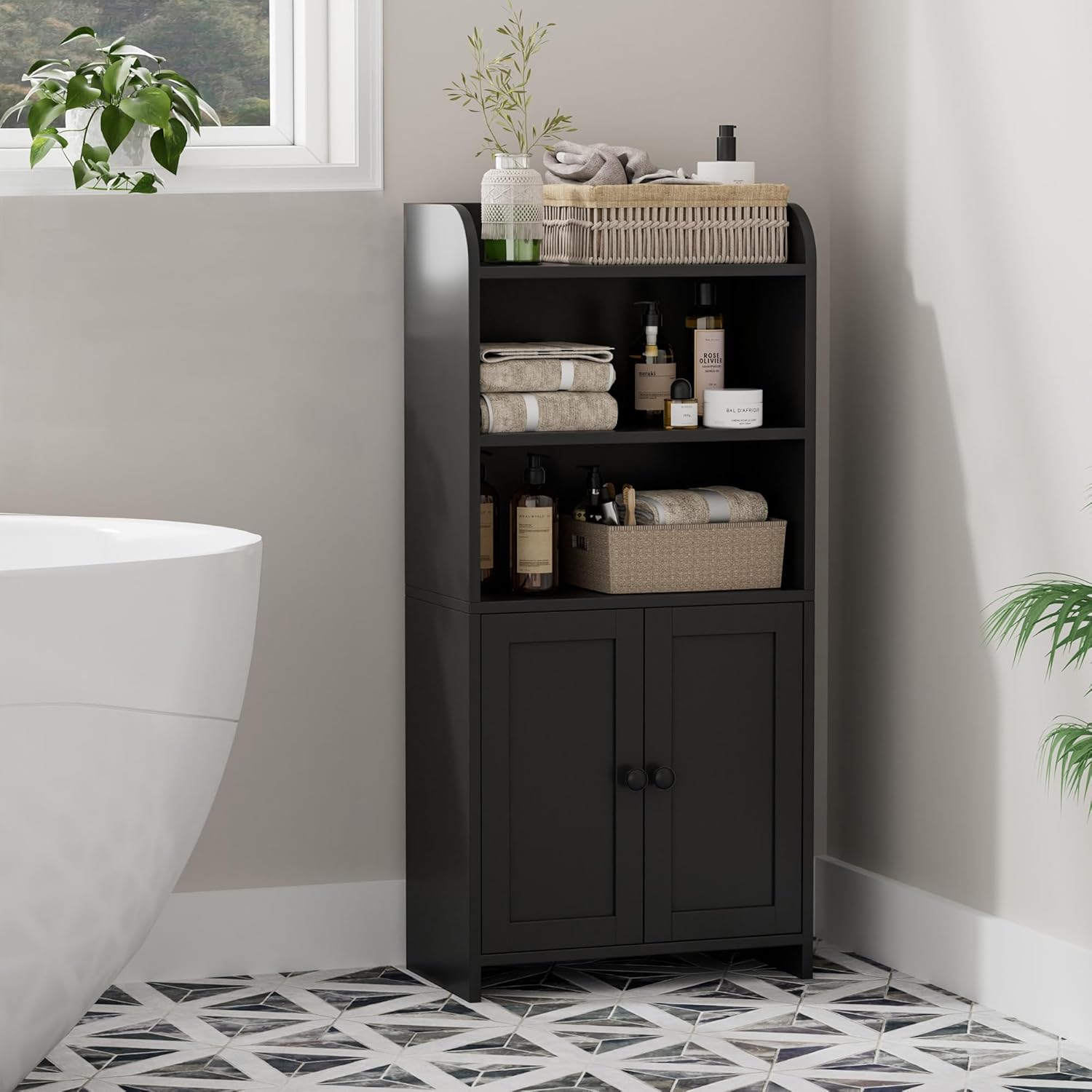 Small Bathroom Storage Cabinet, Freestanding Toilet Paper Storage with 2 Doors and Shelves, 7.9" D x 14.6" W x 31" H