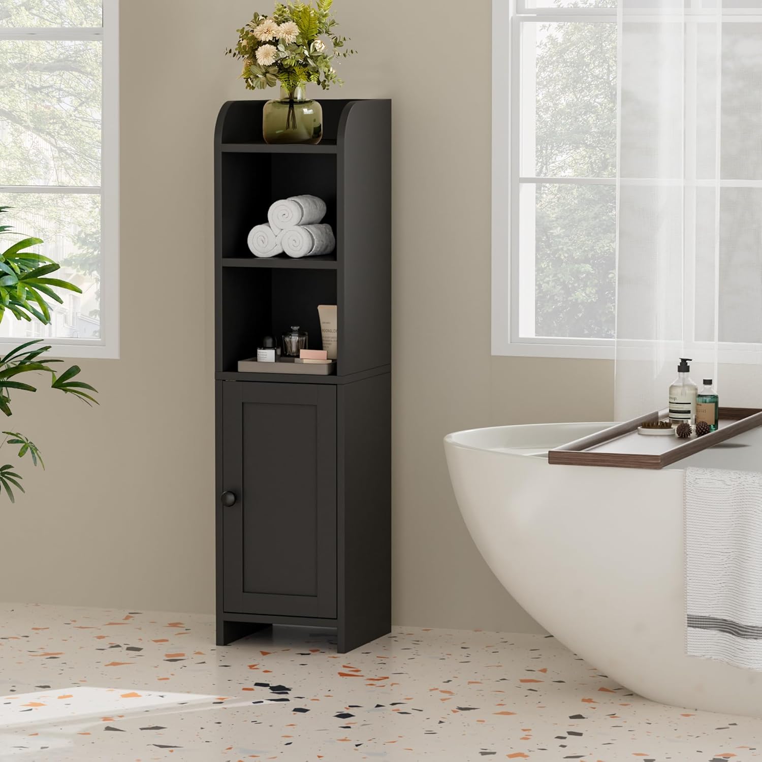 Small Bathroom Storage Corner Floor Cabinet with Door and Shelves, 7.9" D x 7.1" W x 31" H