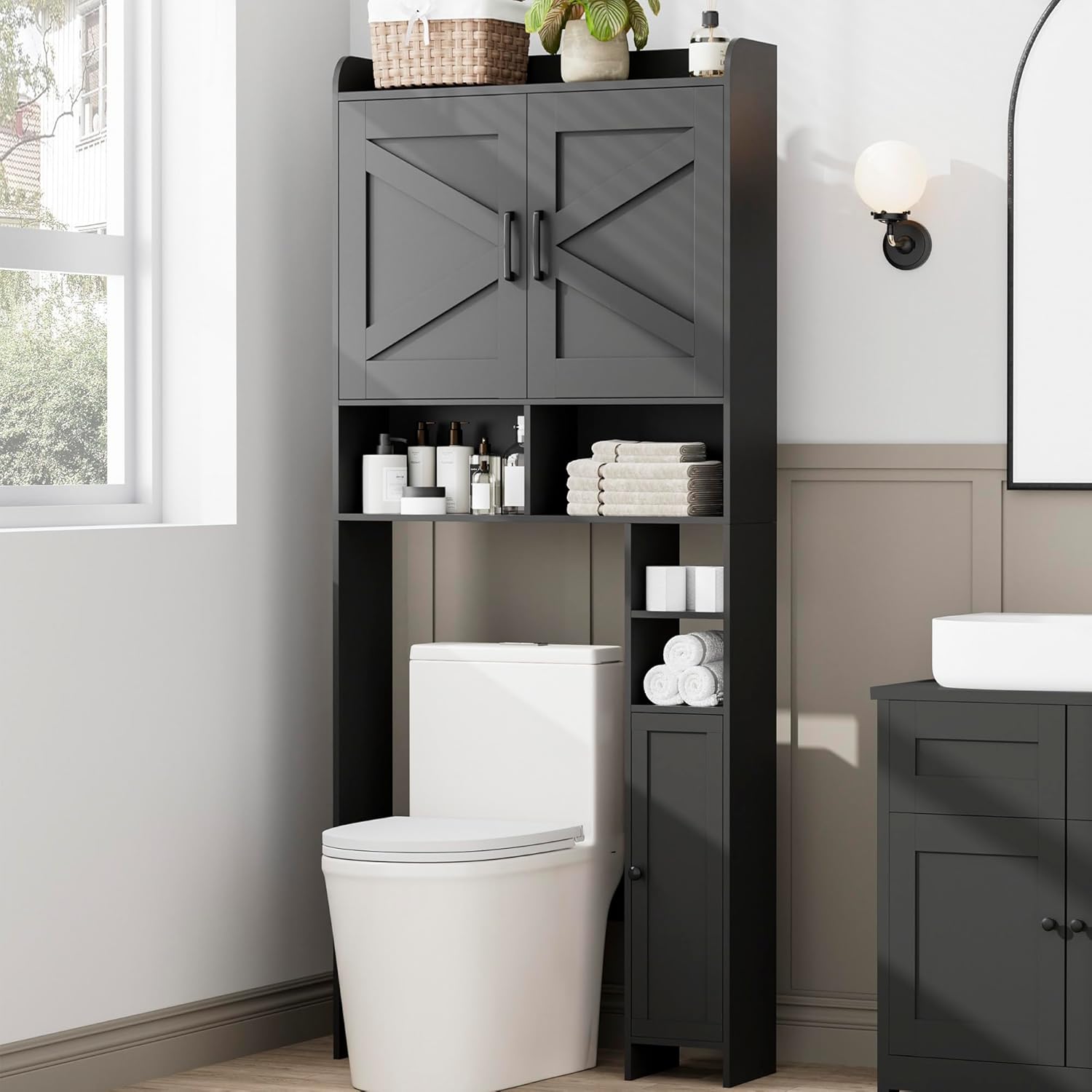 Over The Toilet Storage Cabinet with 2 Barn Door and Toilet Paper Holder Stand, 7.8"D x 30.7"W x 65.4"H