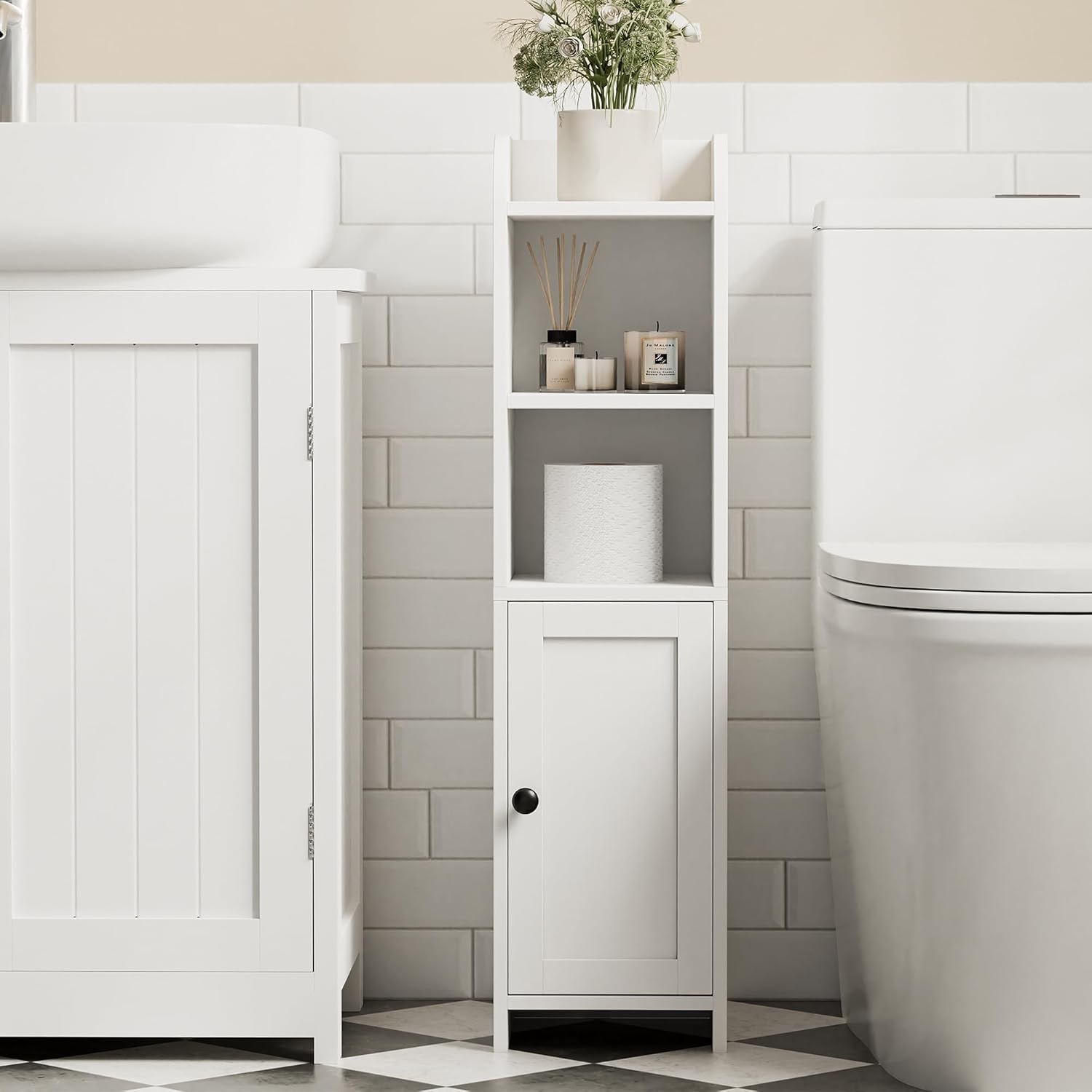 Floor Cabinet with Door and Shelves, Beside The Toilet Paper Stand, 9.8" D x 7.9" W x 31" H