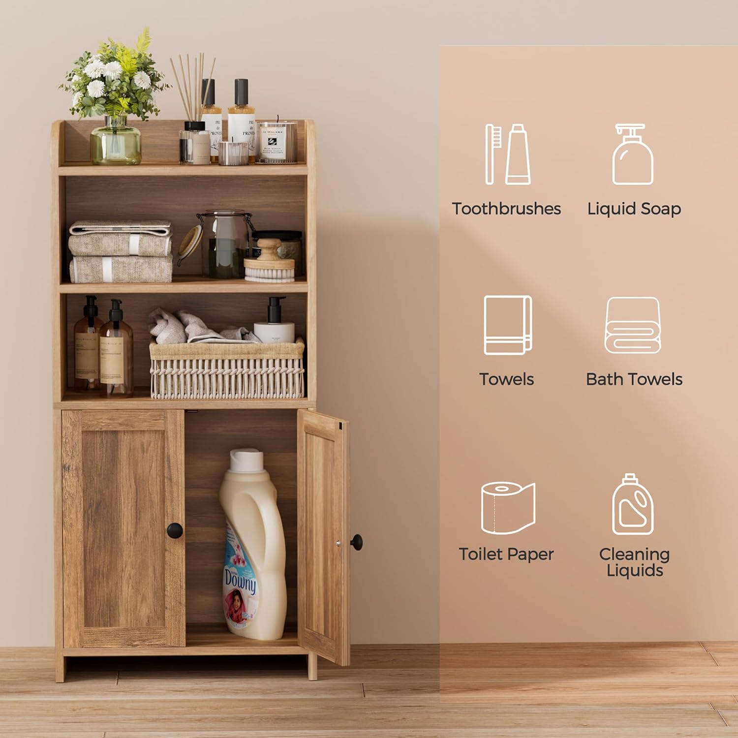 Freestanding Toilet Paper Storage with 2 Doors and Shelves, Bathroom Organizers and Storage for Small Spaces, 7.9" D x 14.6" W x 31" H