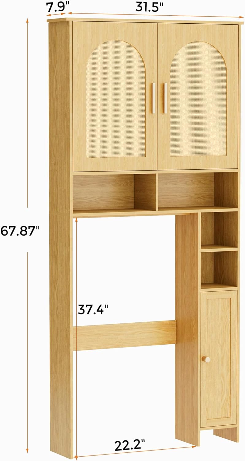 67" H Over The Toilet Storage Cabinet, Boho Bathroom Organizer with Rattan Decorated Doors, Adjustable Shelves, Toilet Paper Holder