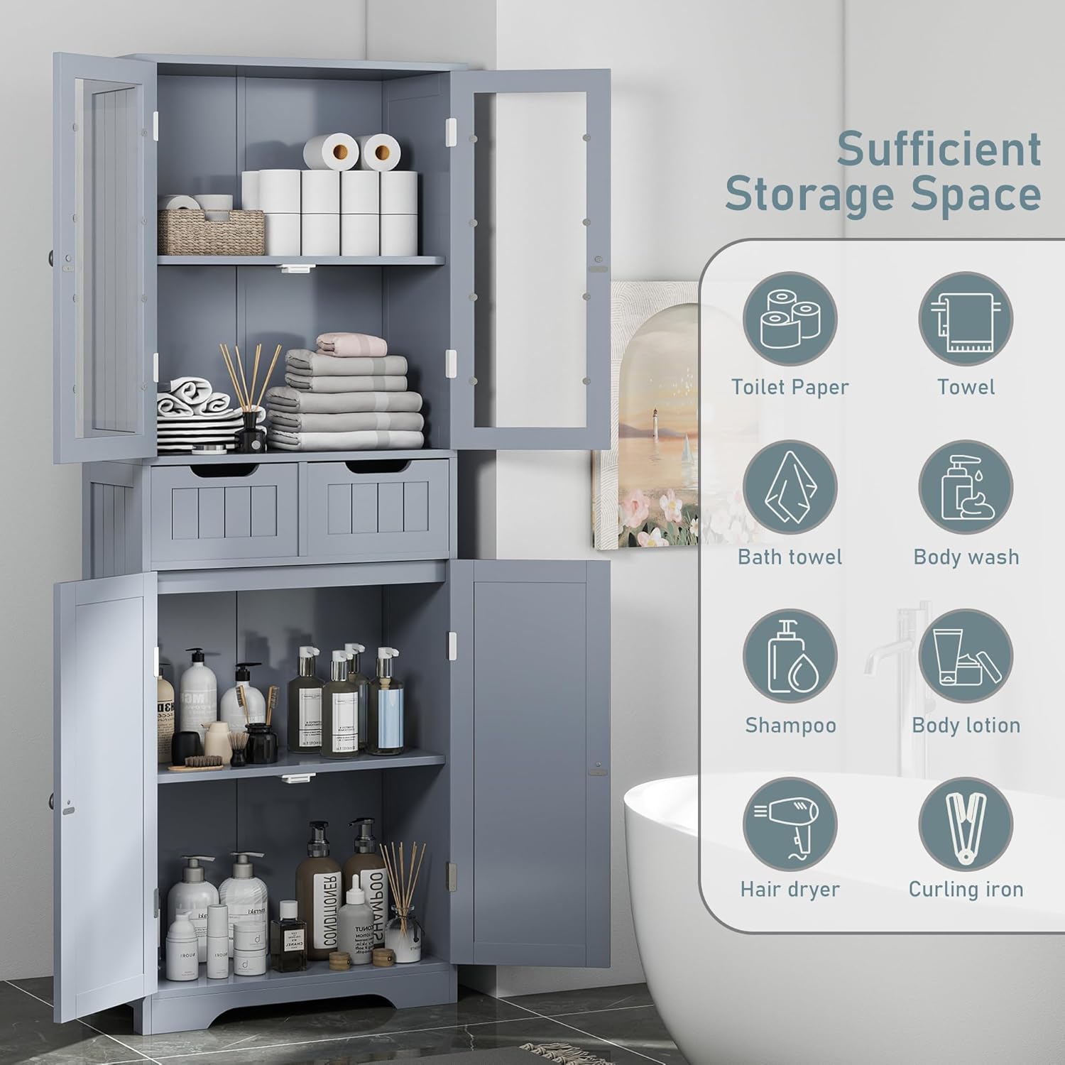 67" Tall White Bathroom Cabinet Storage Cabinet, Freestanding Storage Cabinet with Glass Door and Adjustable Shelves