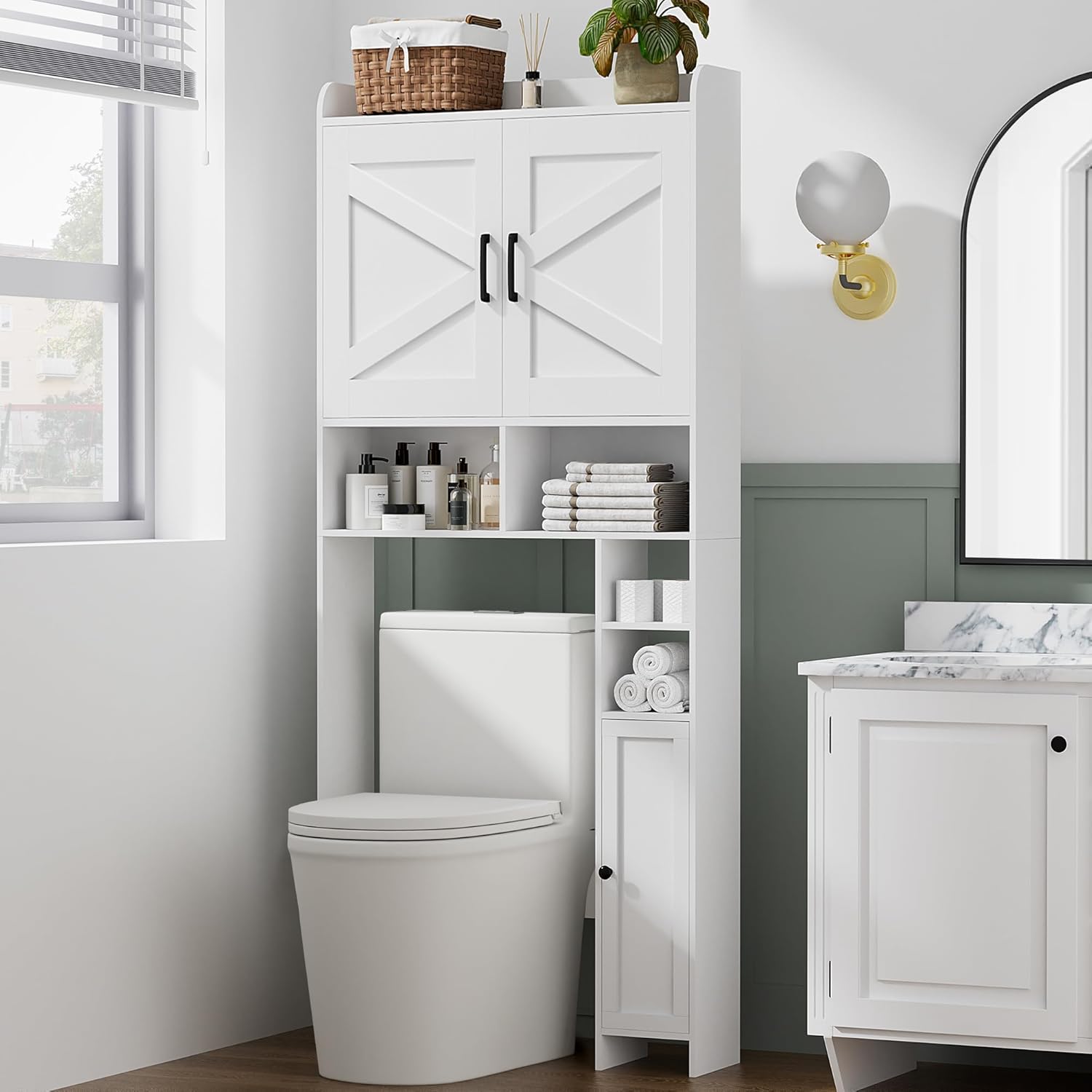 Over The Toilet Storage Cabinet with 2 Barn Door and Toilet Paper Holder Stand, FreeStanding Toilet Shelf Space Saver
