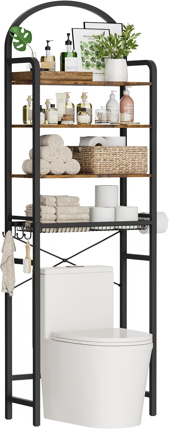 4-Tier Over The Toilet Storage with 4 Hooks and Paper Holder, Space Saving, Bathroom Organizer with Adjustable Feet
