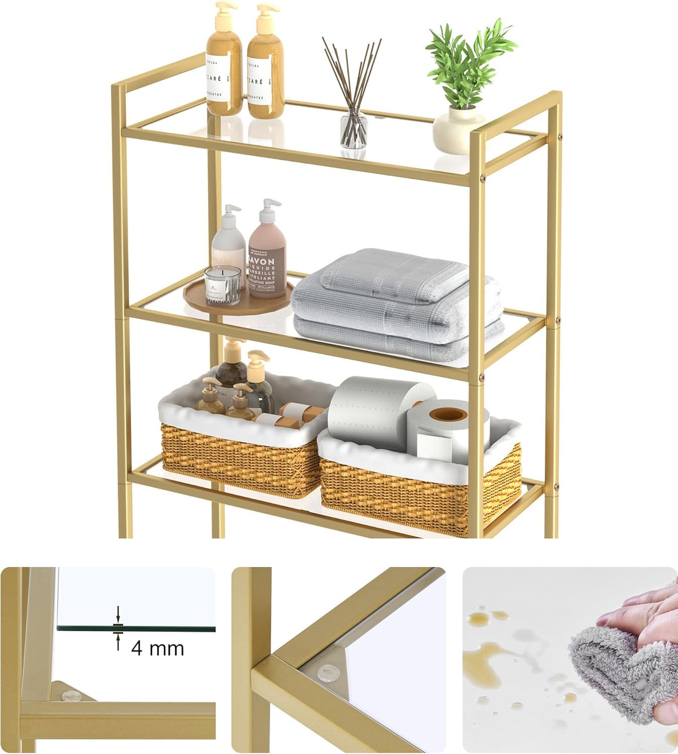 Metal 3-Tier Over-The-Toilet Bathroom Organizer Rack, Tempered Glass Shelves