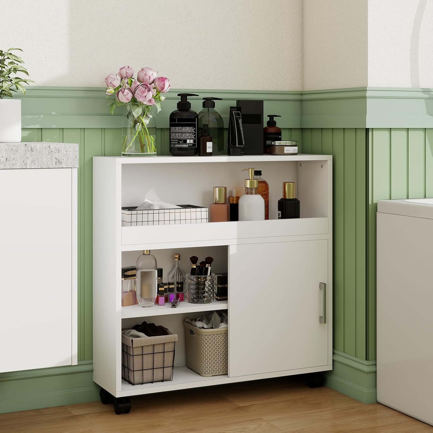 Narrow Slim Bathroom Organizer Storage Cabinet with Sliding Door and Adjustable Shelf