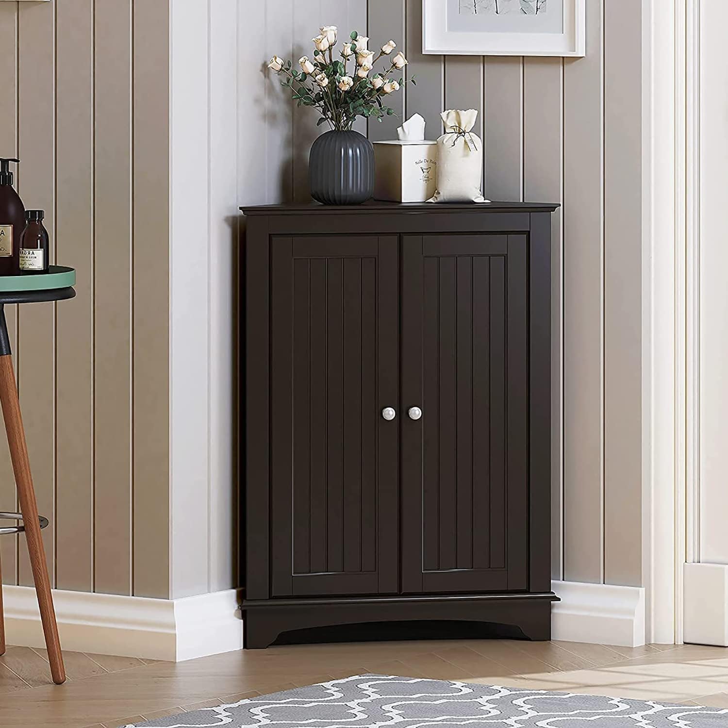 Floor Corner Cabinet with Two Doors and Shelves, Free-Standing Corner Storage Cabinets