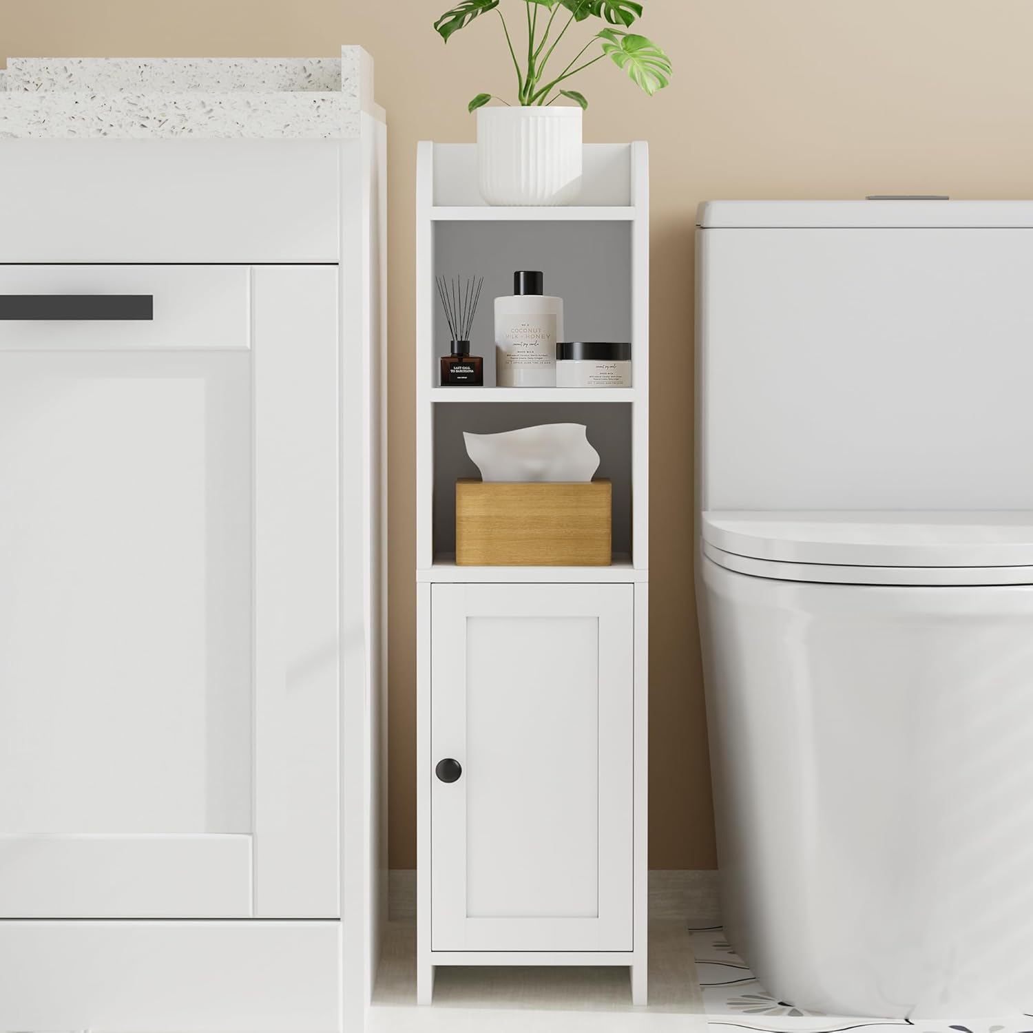 Floor Cabinet with Door and Shelves, Beside The Toilet Paper Stand, 9.8" D x 7.9" W x 31" H