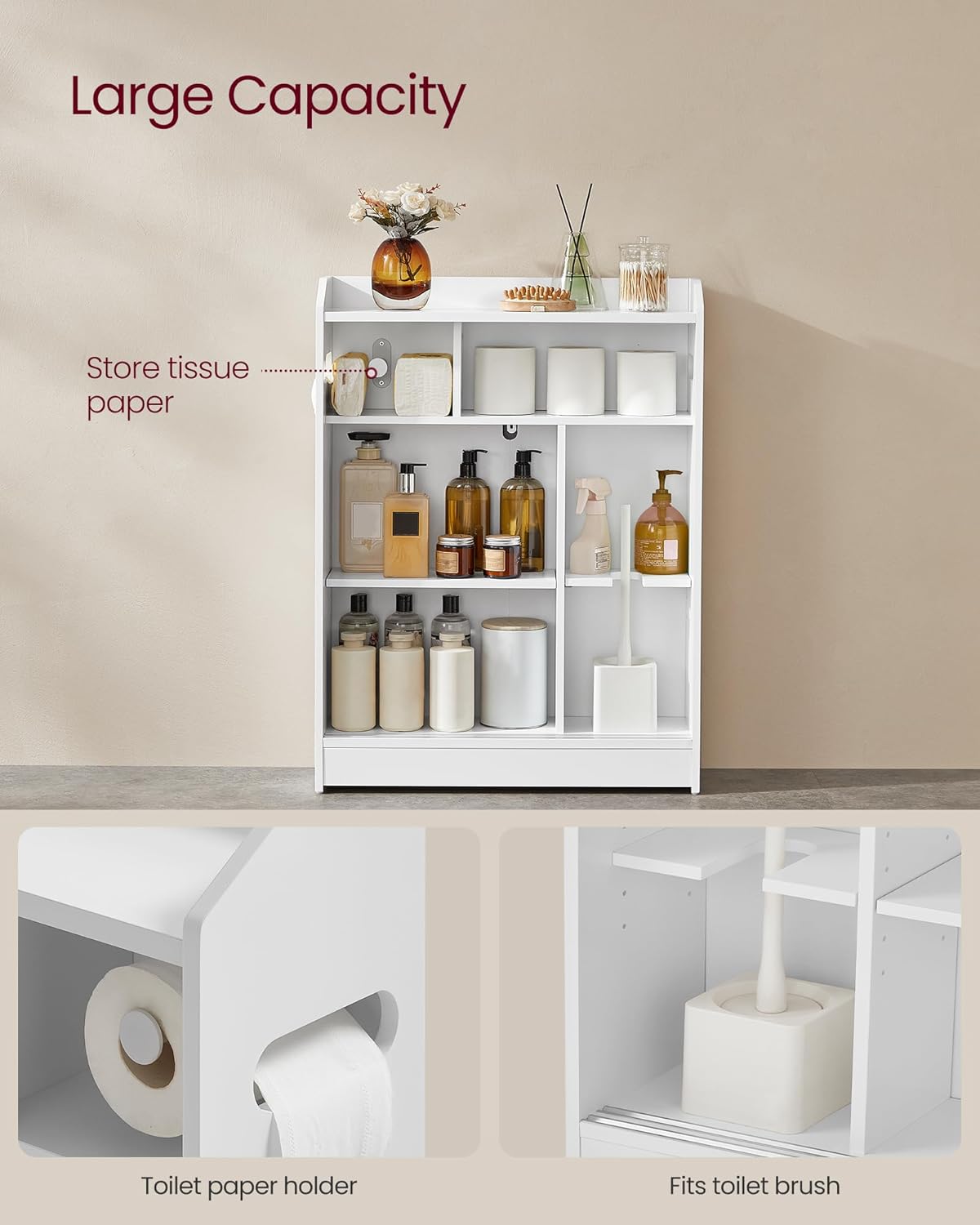 Narrow Storage Cabinet, Slim Floor Cabinet with Sliding Doors, Toilet Paper Holder and Brush Compartment