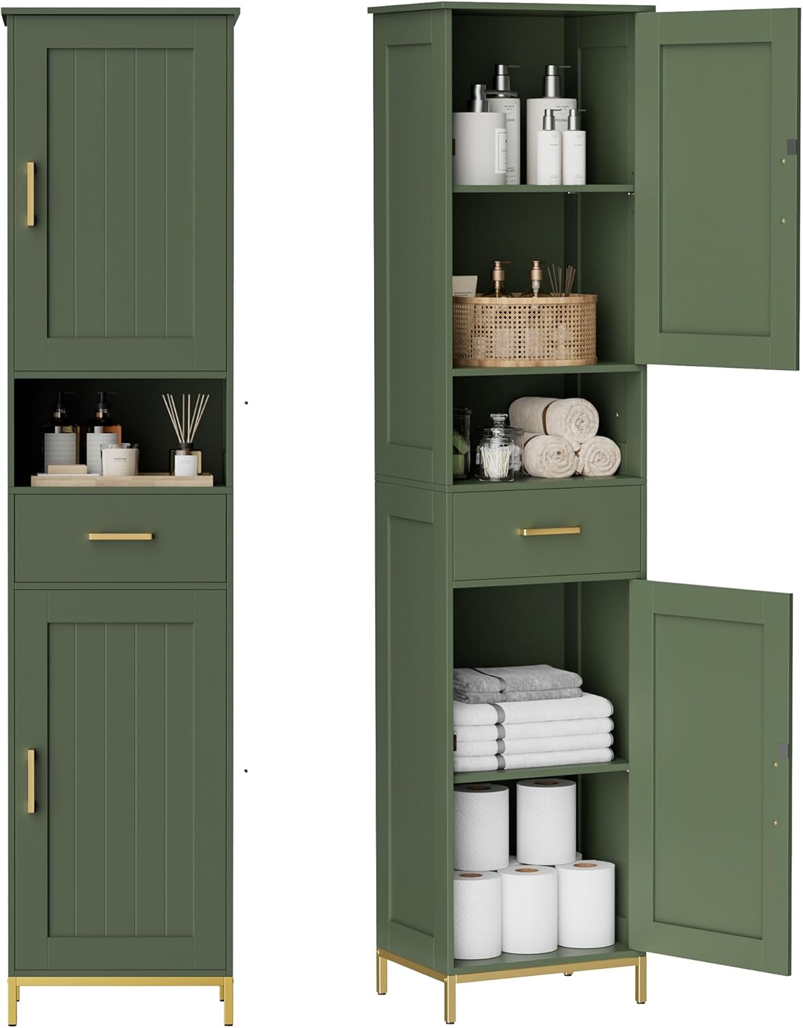 67" H Bathroom Storage Cabinet, Tall Storage Cabinet with Adjustable Shelves, Freestanding Cabinet with Doors and Drawer