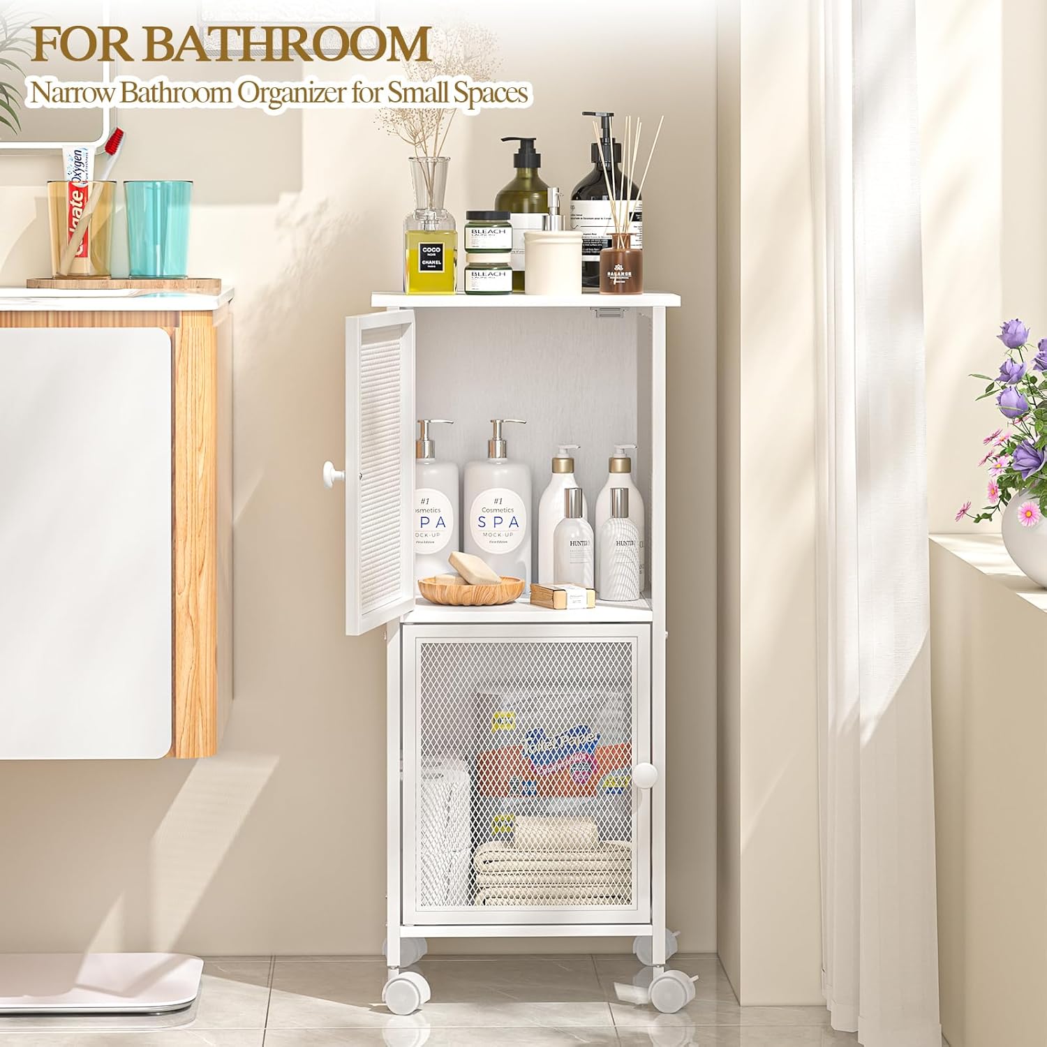 Wooden Bathroom Standing Shelf with 2 Metal Doors, Slim Bathroom Storage Cart for Small Spaces