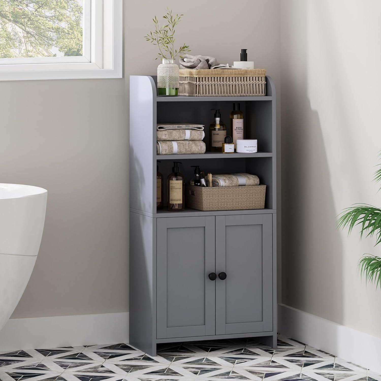 Freestanding Toilet Paper Storage with 2 Doors and Shelves, Bathroom Organizers and Storage for Small Spaces, 7.9" D x 14.6" W x 31" H