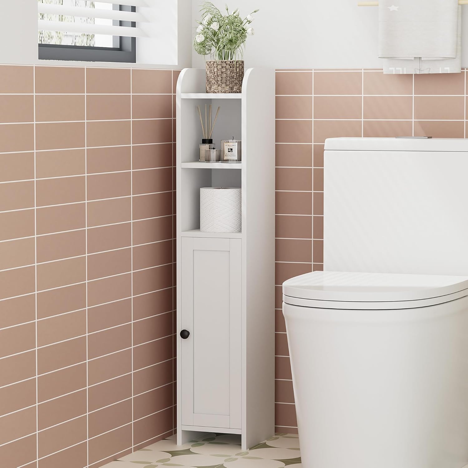 Small Bathroom Storage Corner Floor Cabinet with Door and Shelves, Beside The Toilet Paper Stand, 7.9"D x 7.1"W x 35.4"H