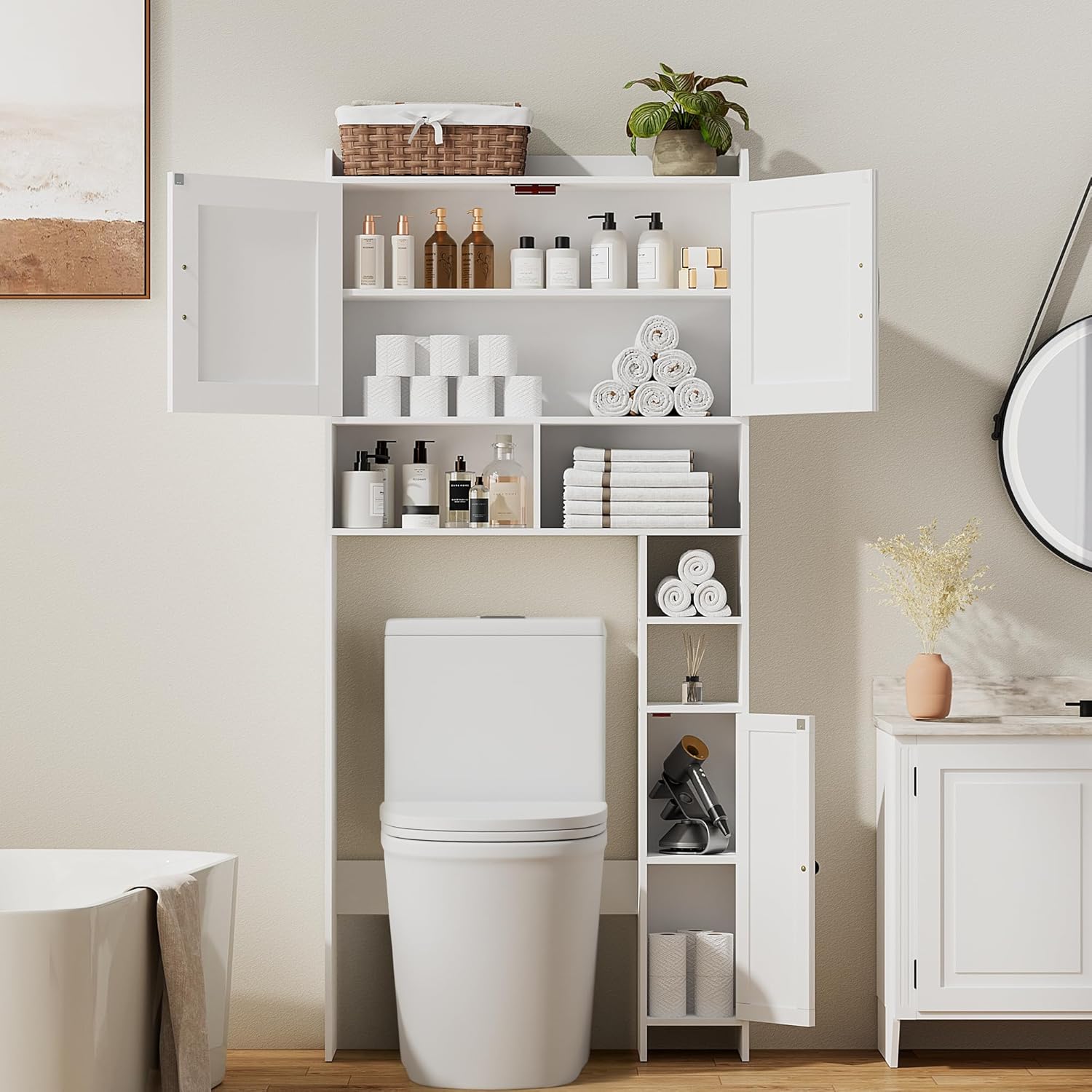 Over The Toilet Storage Cabinet with 2 Barn Door and Toilet Paper Holder Stand, FreeStanding Toilet Shelf Space Saver