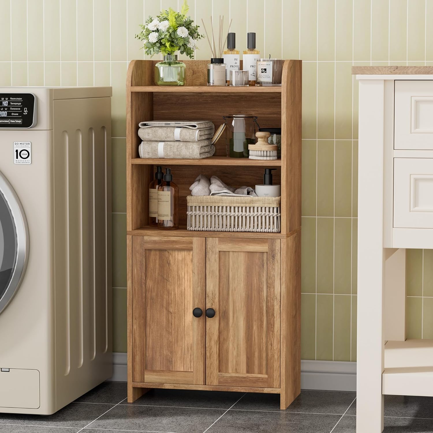 Freestanding Toilet Paper Storage with 2 Doors and Shelves, Bathroom Organizers and Storage for Small Spaces, 7.9" D x 14.6" W x 31" H