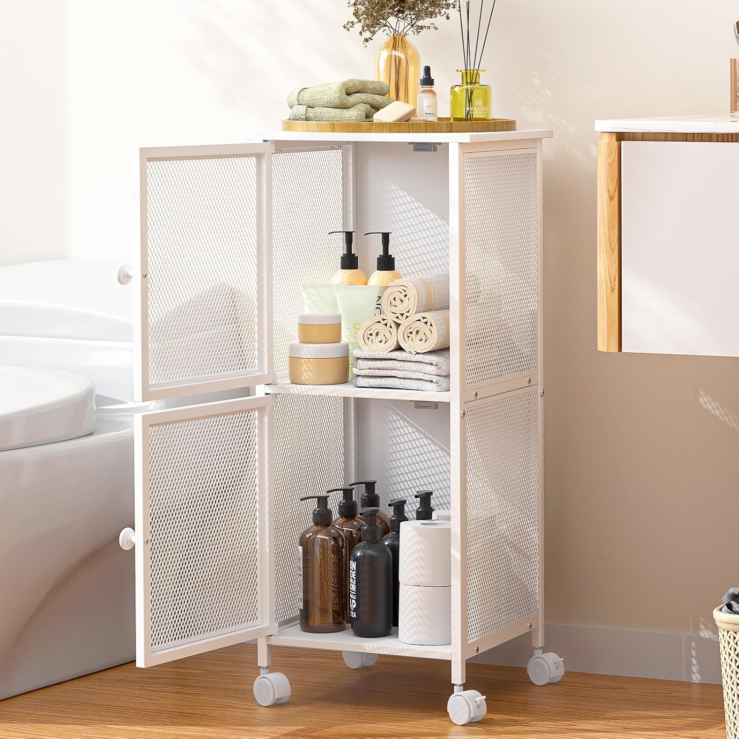 Wooden Bathroom Standing Shelf with 2 Metal Doors, Slim Bathroom Storage Cart for Small Spaces
