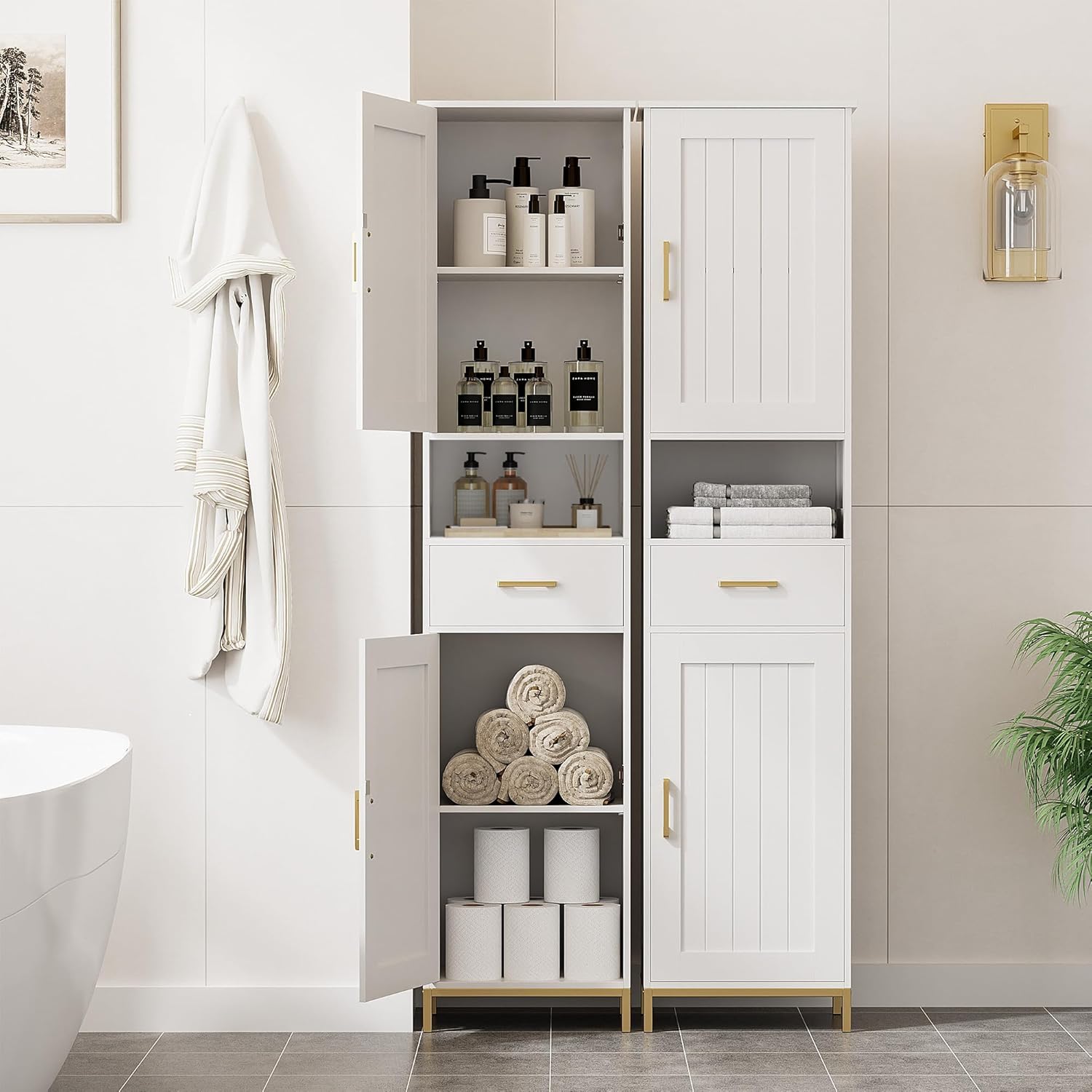 67" H Bathroom Storage Cabinet, Tall Storage Cabinet with Adjustable Shelves, Freestanding Cabinet with Doors and Drawer