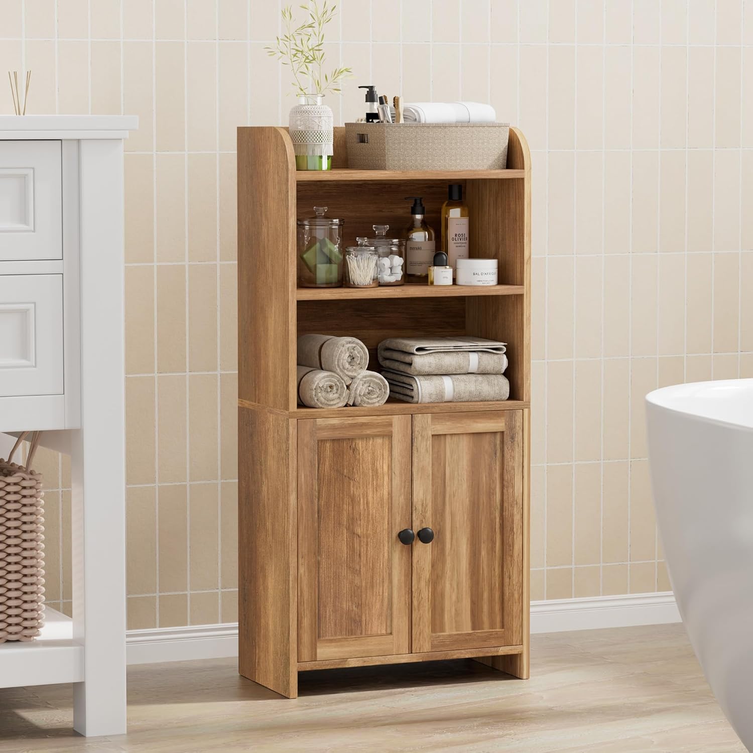 Freestanding Toilet Paper Storage with 2 Doors and Shelves, Bathroom Organizers and Storage for Small Spaces, 7.9" D x 14.6" W x 31" H