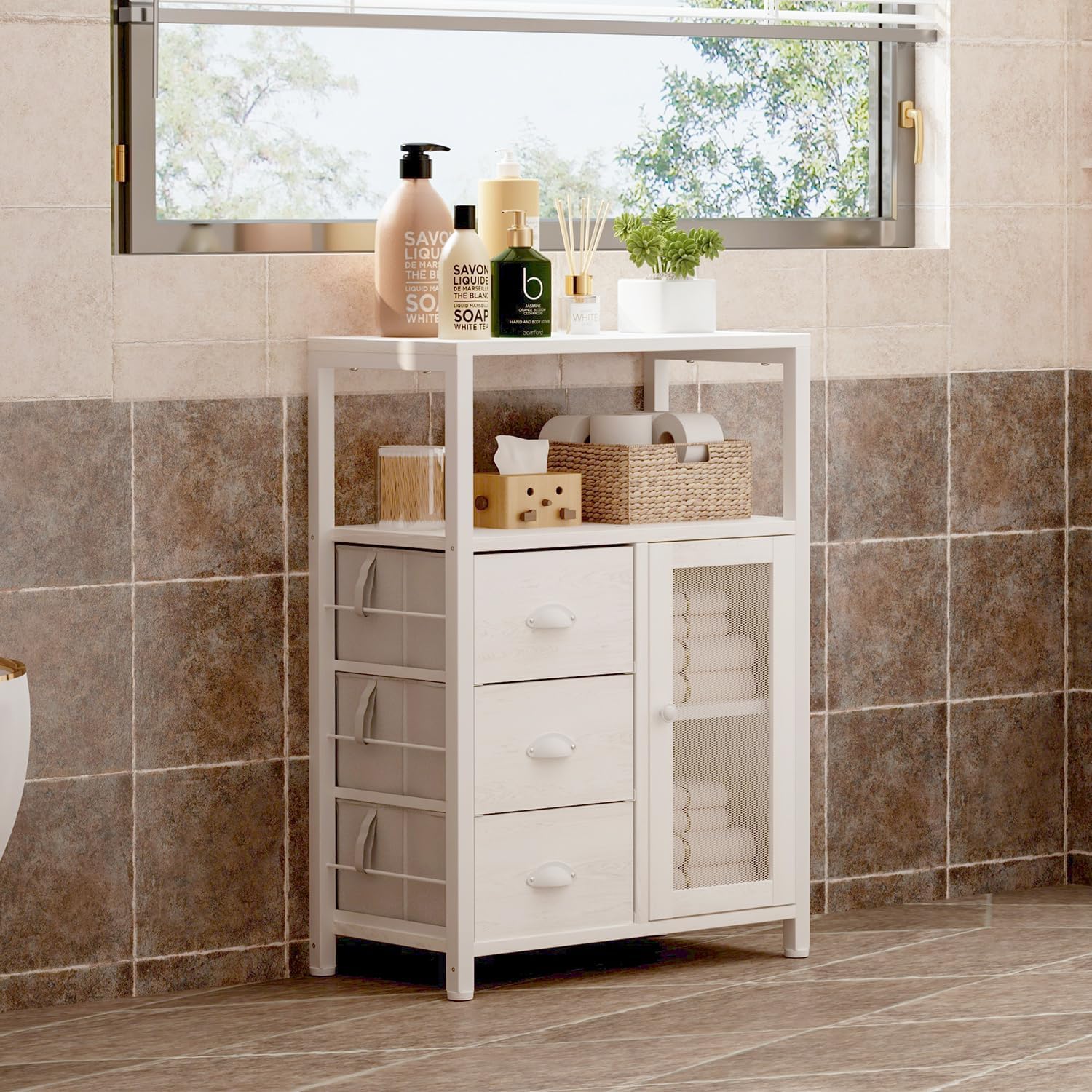 Bathroom Floor Storage Cabinet Organizer with 3 Removable Drawers and 1 Door