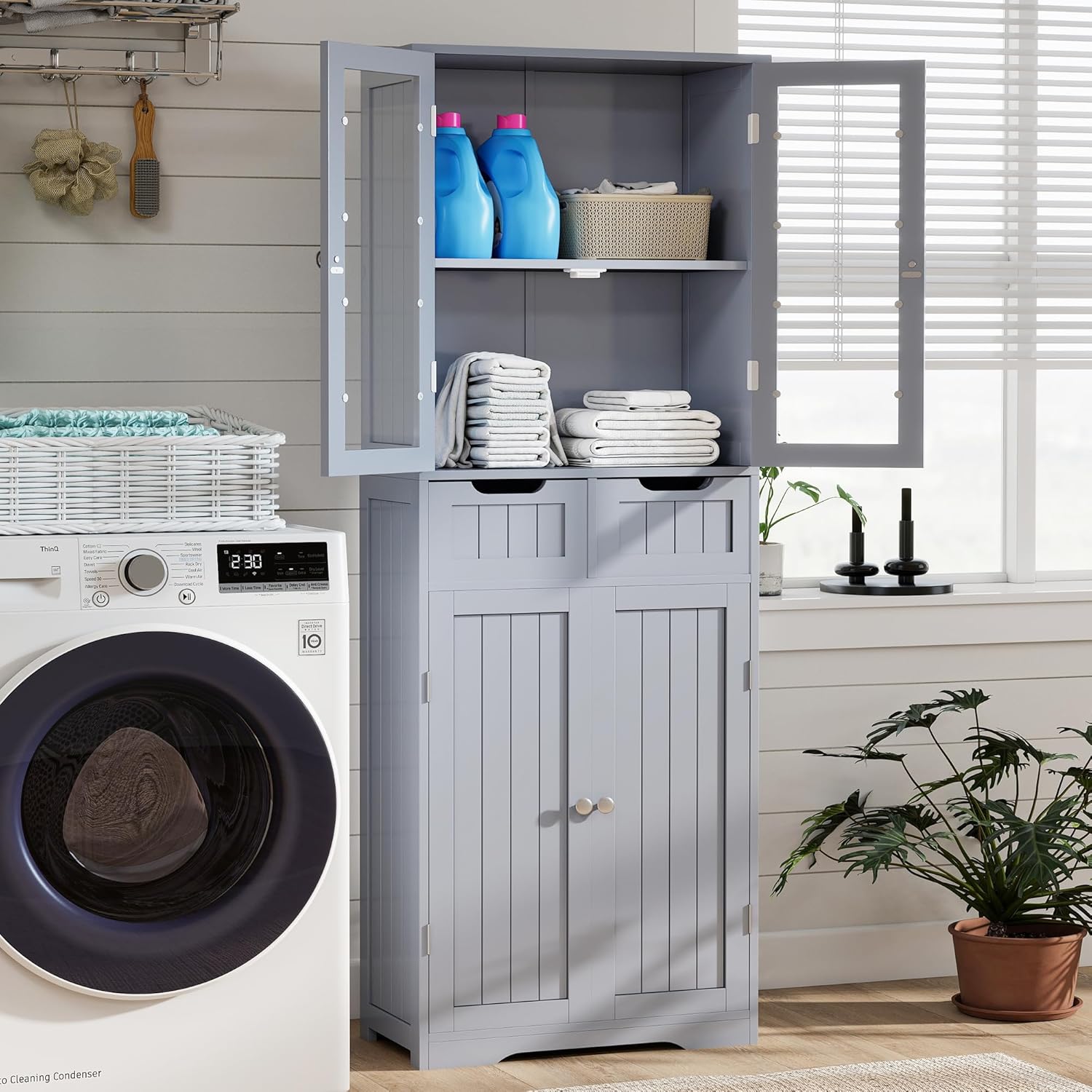 67" Tall White Bathroom Cabinet Storage Cabinet, Freestanding Storage Cabinet with Glass Door and Adjustable Shelves