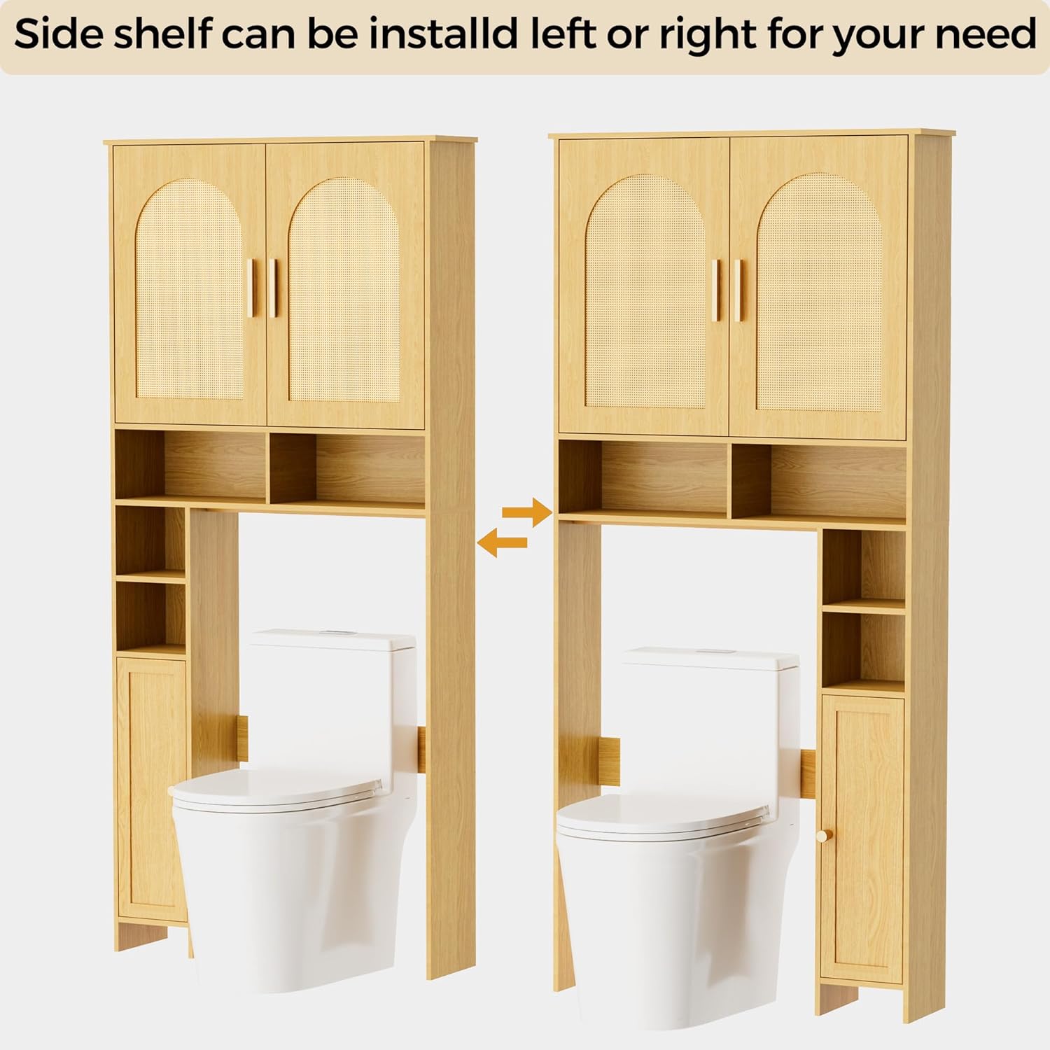 67" H Over The Toilet Storage Cabinet, Boho Bathroom Organizer with Rattan Decorated Doors, Adjustable Shelves, Toilet Paper Holder