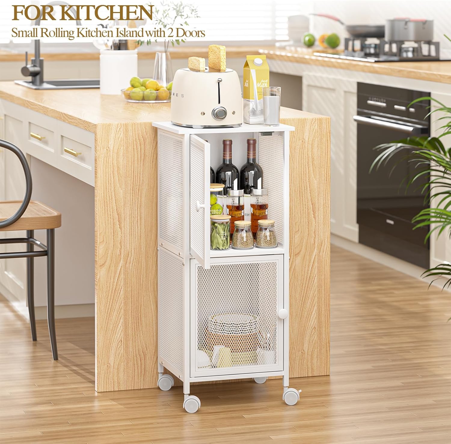 Wooden Bathroom Standing Shelf with 2 Metal Doors, Slim Bathroom Storage Cart for Small Spaces