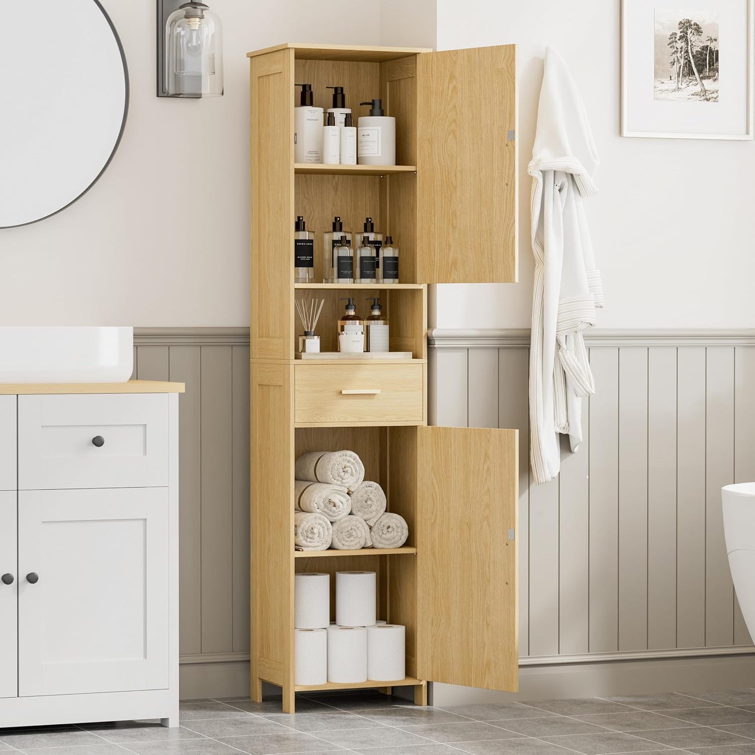 67"H Tall Bathroom Storage Cabinet with Rattan Decorated Door and Drawer, Narrow Storage Unit