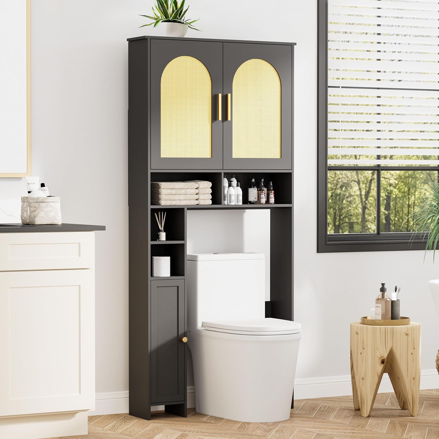 67" H Over The Toilet Storage Cabinet, Boho Bathroom Organizer with Rattan Decorated Doors, 7.9"D x 31.5"W x 67.7"H