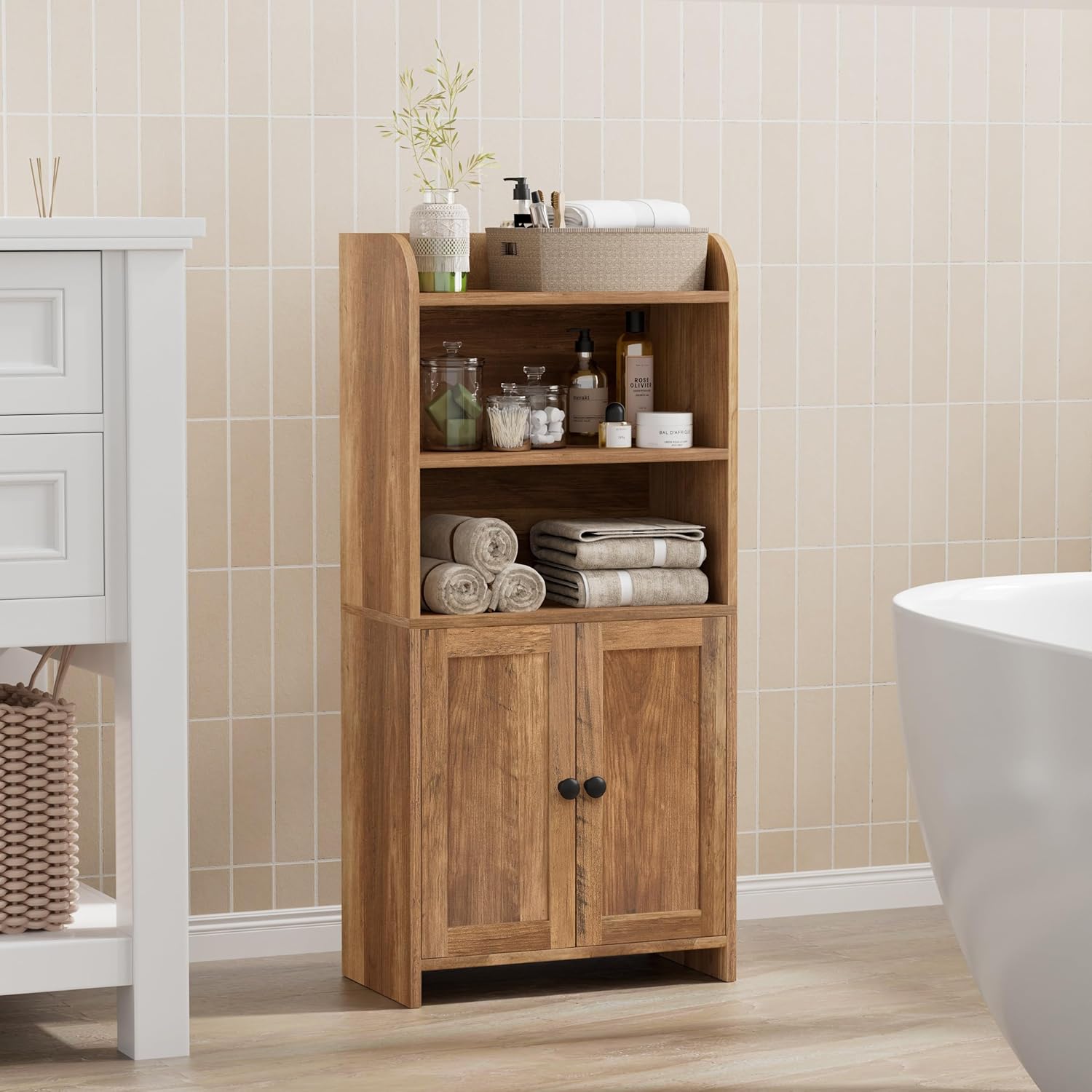 Freestanding Toilet Paper Storage with 2 Doors and Shelves, Bathroom Organizers and Storage for Small Spaces, 7.9" D x 14.6" W x 31" H