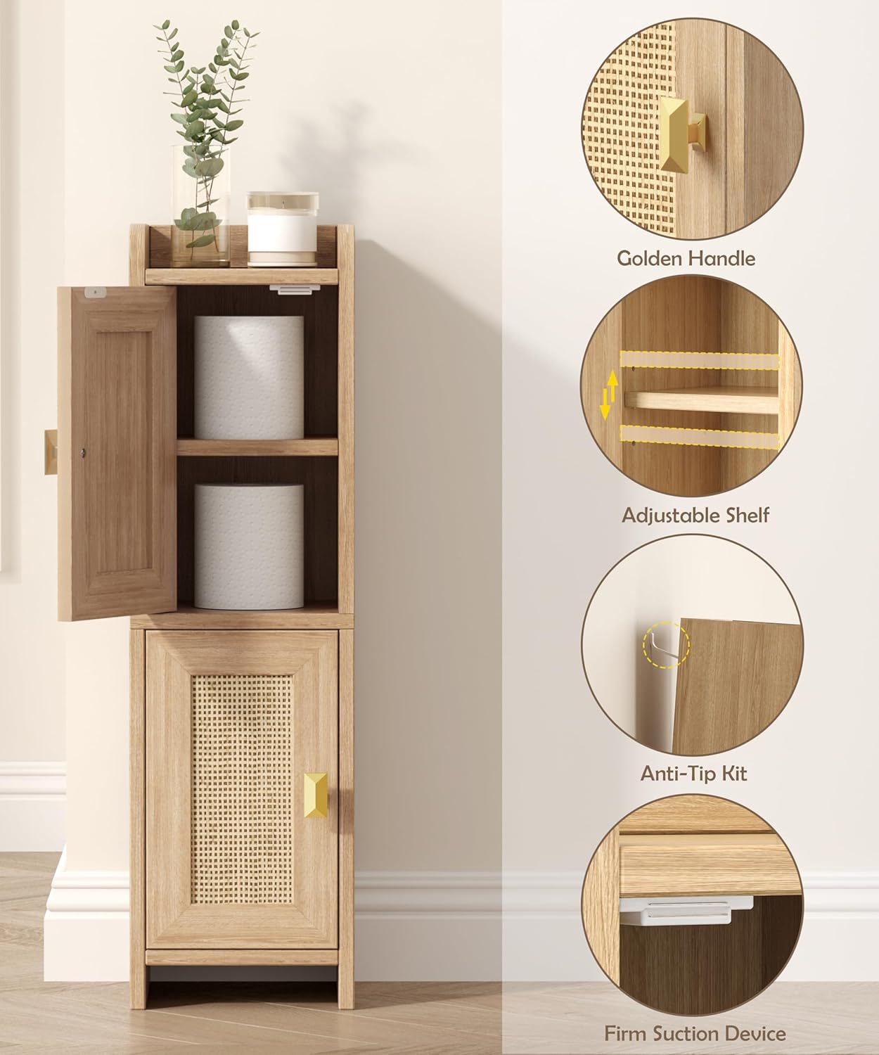 Rattan Small Bathroom Cabinet with 2 Doors, 7.9''D x 7.9''W Narrow Toilet Paper Storage Cabinet, Bathroom Organizer for Small Spaces