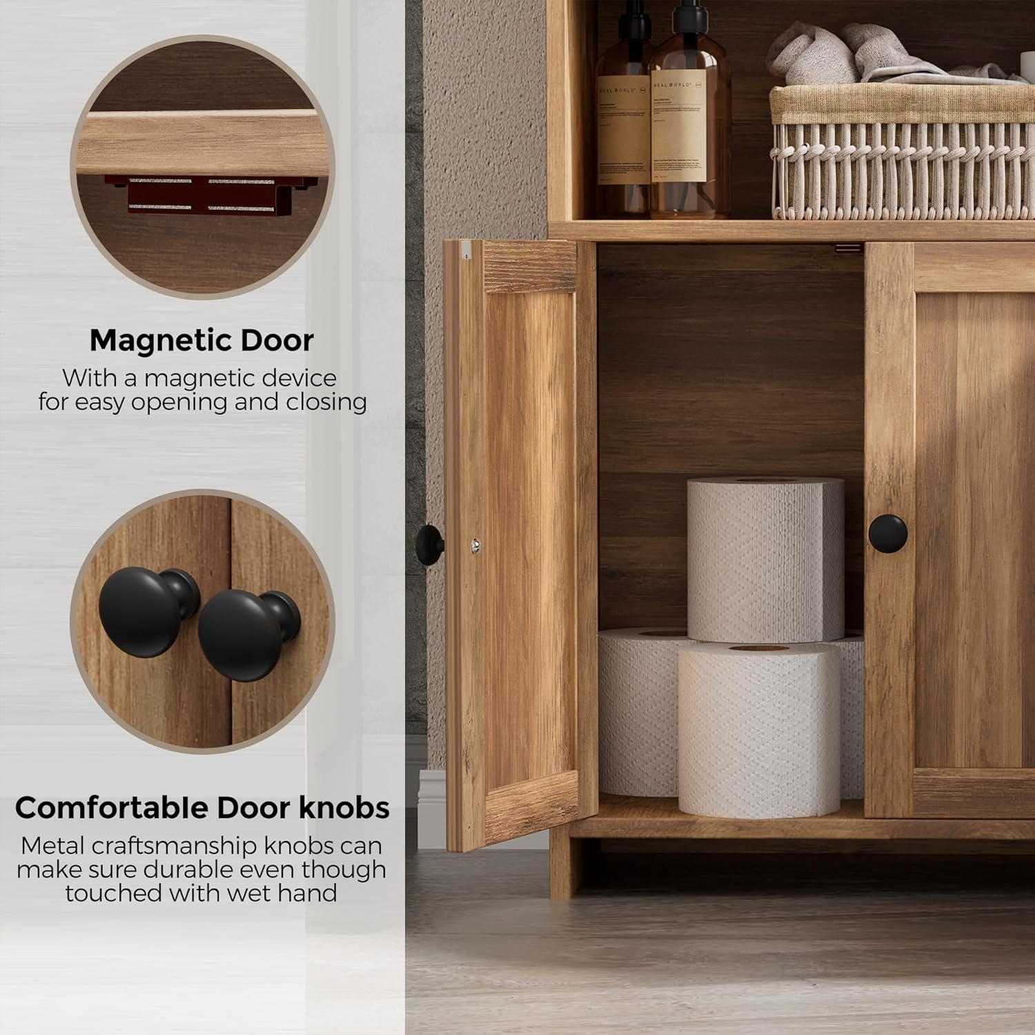 Freestanding Toilet Paper Storage with 2 Doors and Shelves, Bathroom Organizers and Storage for Small Spaces, 7.9" D x 14.6" W x 31" H