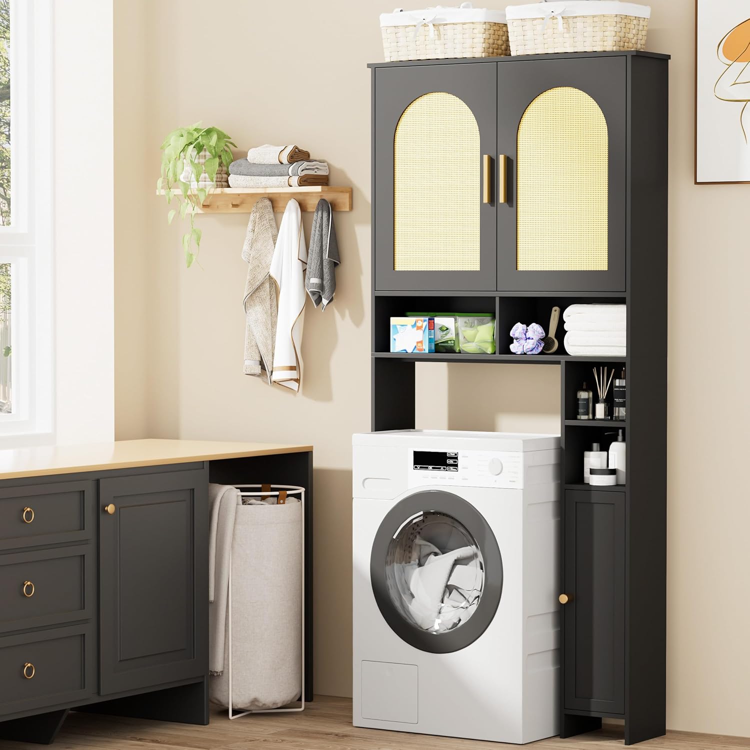 67" H Over The Toilet Storage Cabinet, Boho Bathroom Organizer with Rattan Decorated Doors, 7.9"D x 31.5"W x 67.7"H