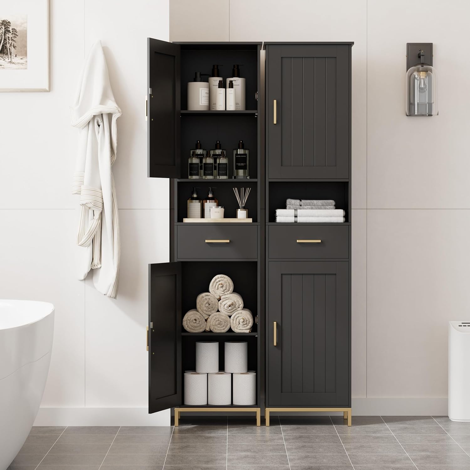 67" H Bathroom Storage Cabinet, Tall Storage Cabinet with Adjustable Shelves, Freestanding Cabinet with Doors and Drawer