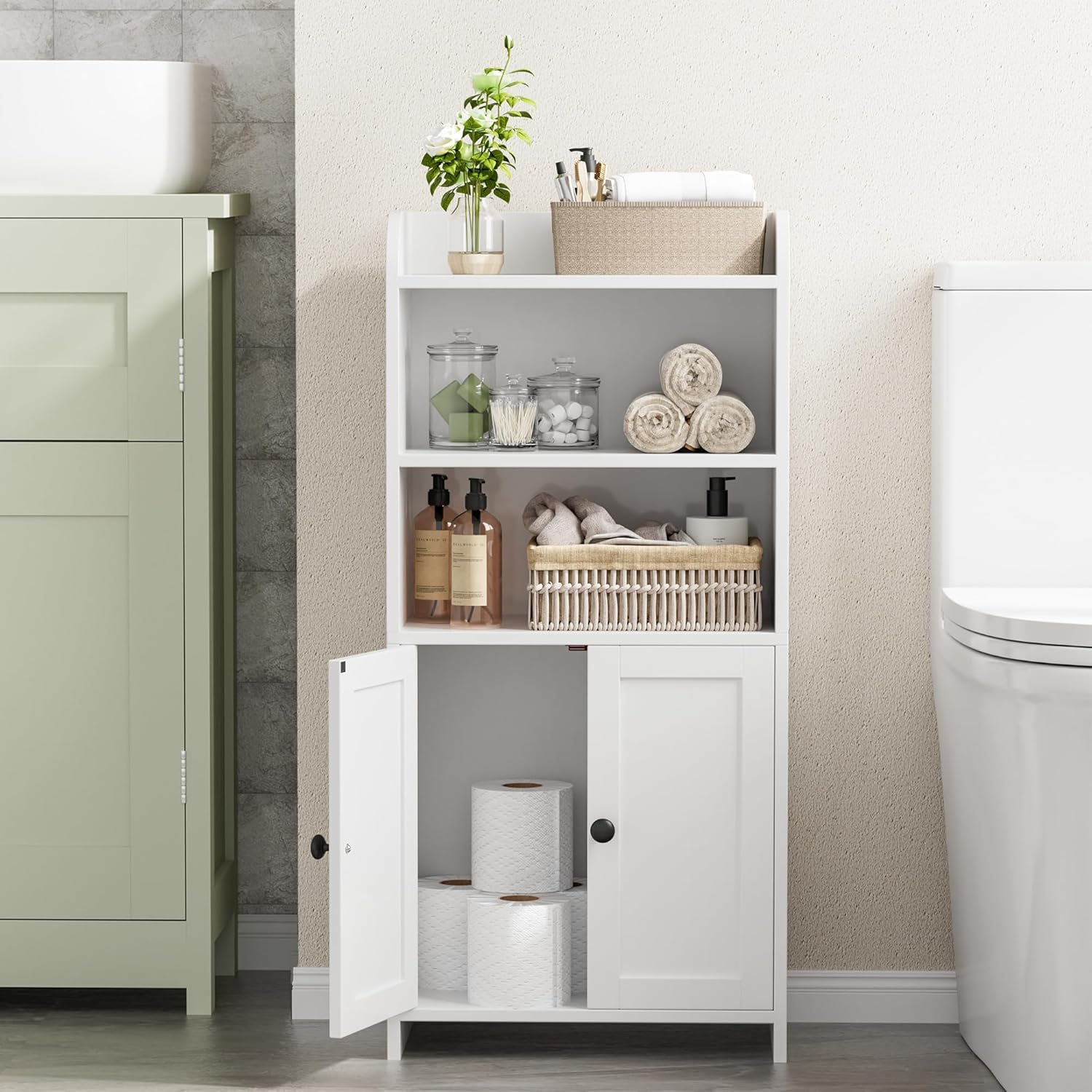 Small Bathroom Storage Cabinet, Freestanding Toilet Paper Storage with 2 Doors and Shelves, 7.9" D x 14.6" W x 31" H