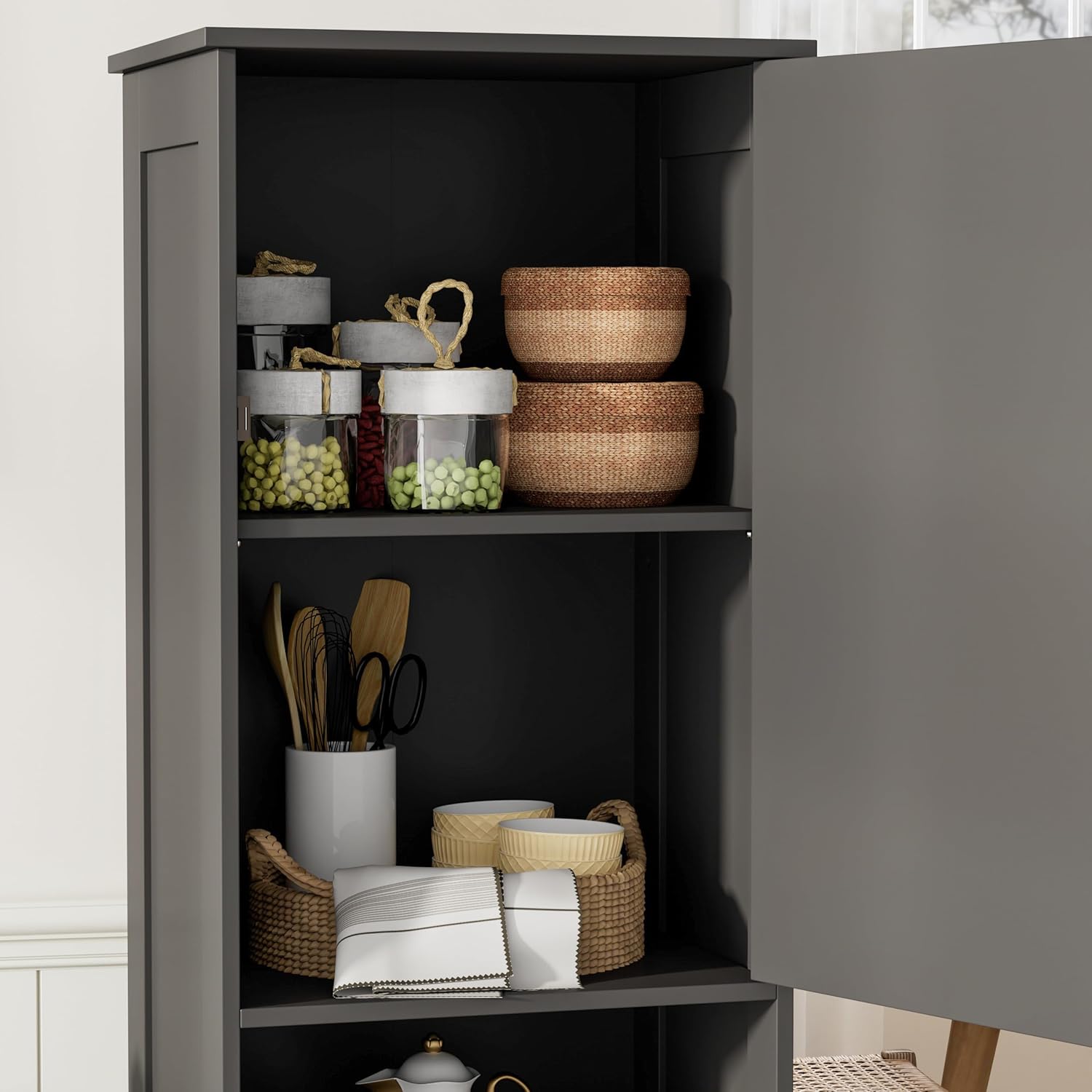 67"H Tall Bathroom Storage Cabinet with Rattan Decorated Door and Drawer, Narrow Storage Unit