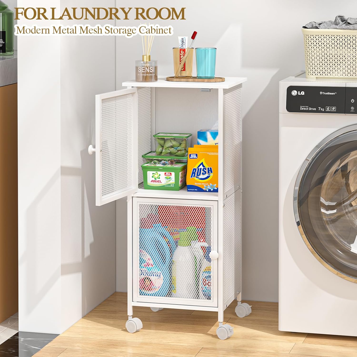 Wooden Bathroom Standing Shelf with 2 Metal Doors, Slim Bathroom Storage Cart for Small Spaces