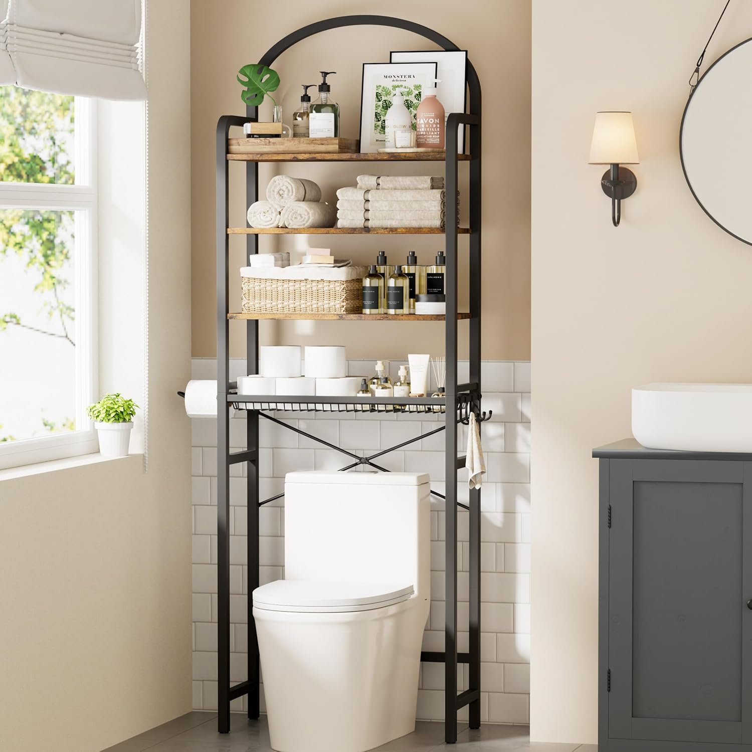 4-Tier Over The Toilet Storage with 4 Hooks and Paper Holder, Space Saving, Bathroom Organizer with Adjustable Feet