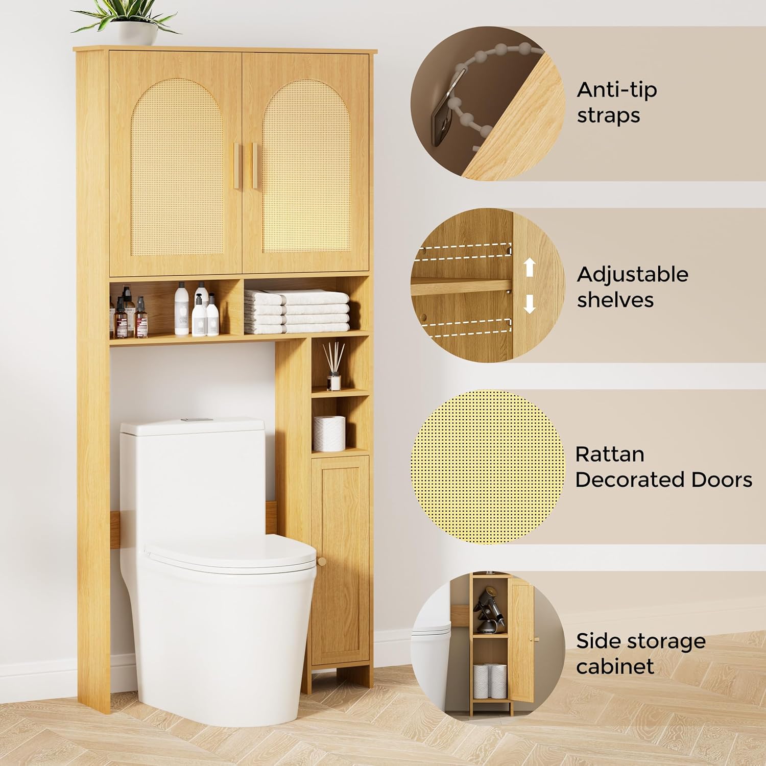 67" H Over The Toilet Storage Cabinet, Boho Bathroom Organizer with Rattan Decorated Doors, Adjustable Shelves, Toilet Paper Holder