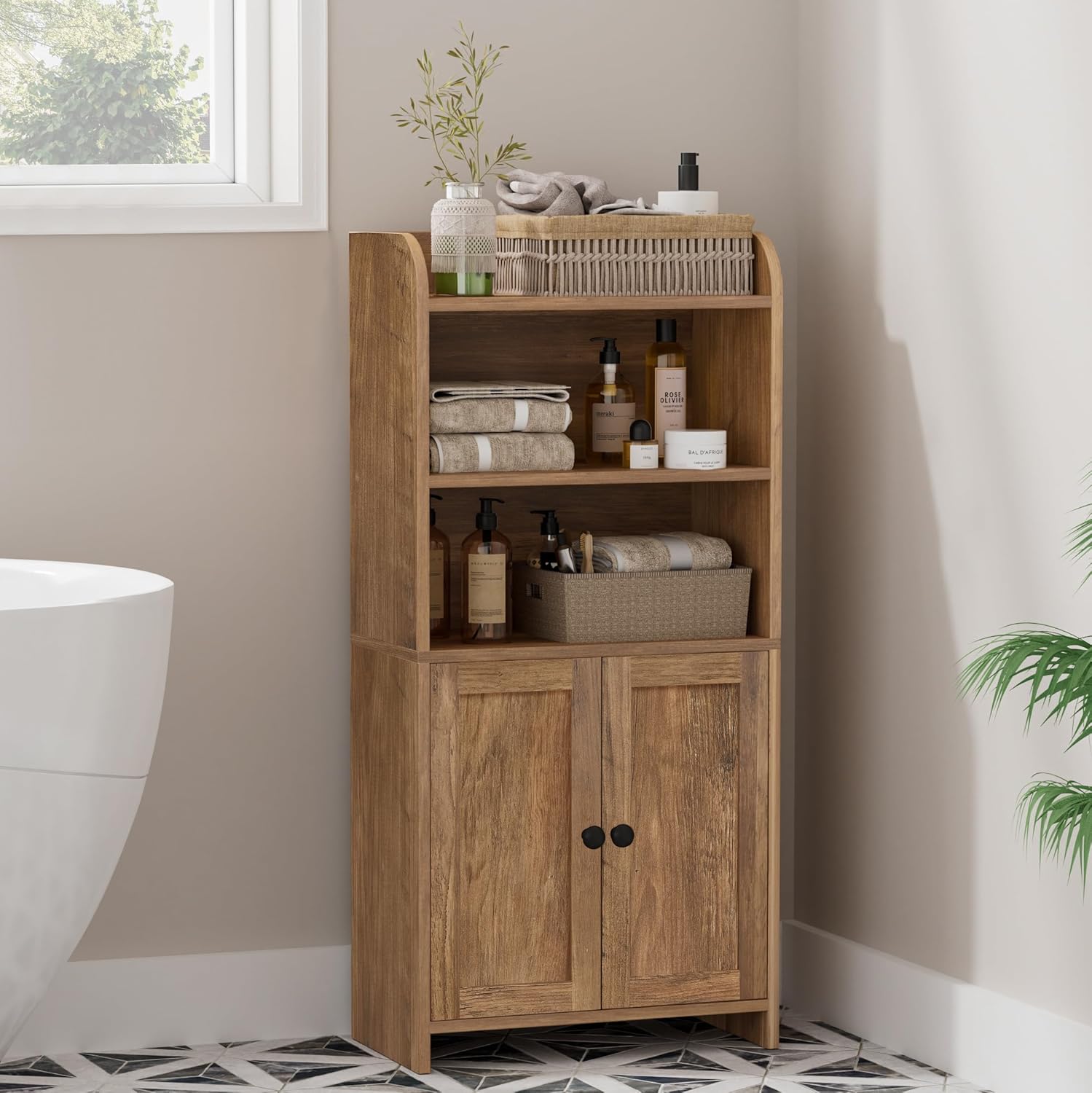 Freestanding Toilet Paper Storage with 2 Doors and Shelves, Bathroom Organizers and Storage for Small Spaces, 7.9" D x 14.6" W x 31" H