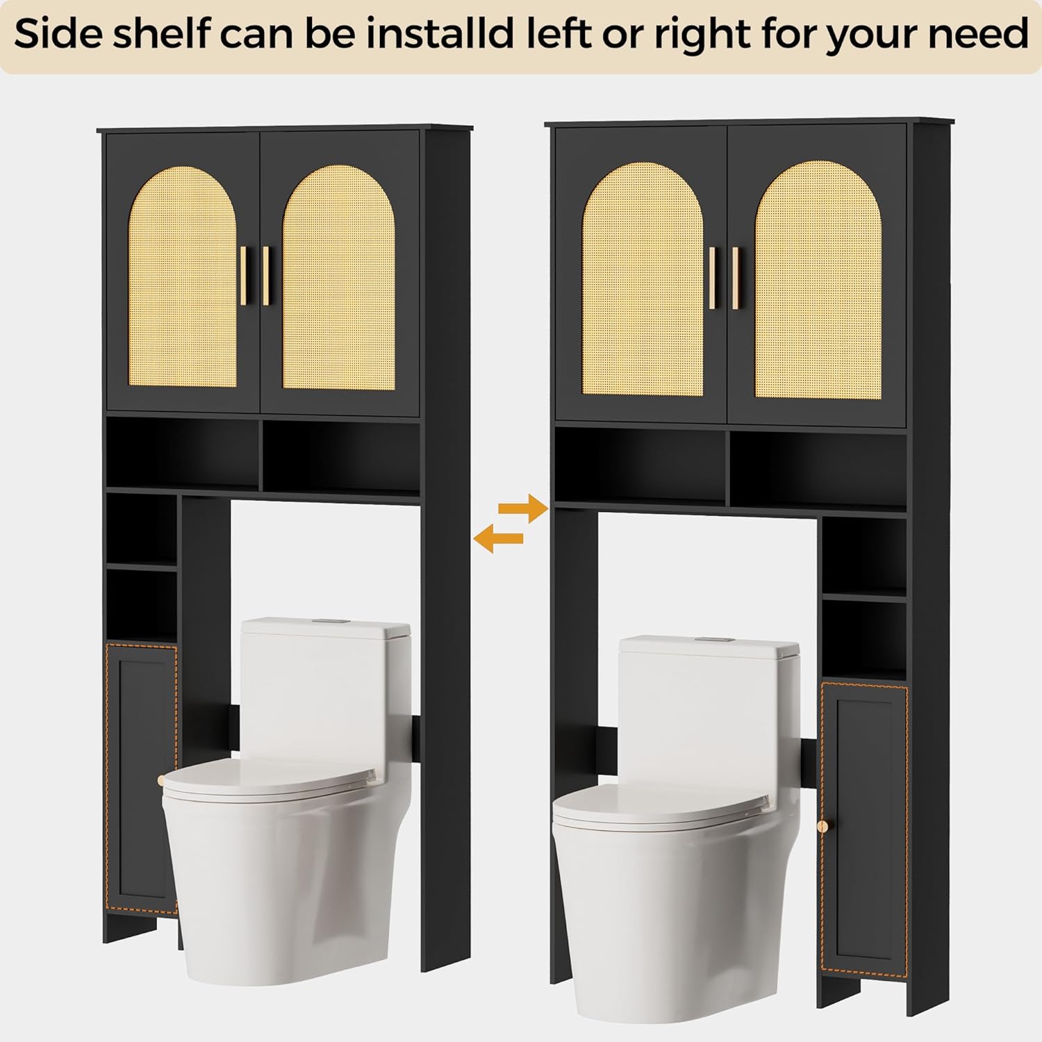 67" H Over The Toilet Storage Cabinet, Boho Bathroom Organizer with Rattan Decorated Doors, 7.9"D x 31.5"W x 67.7"H