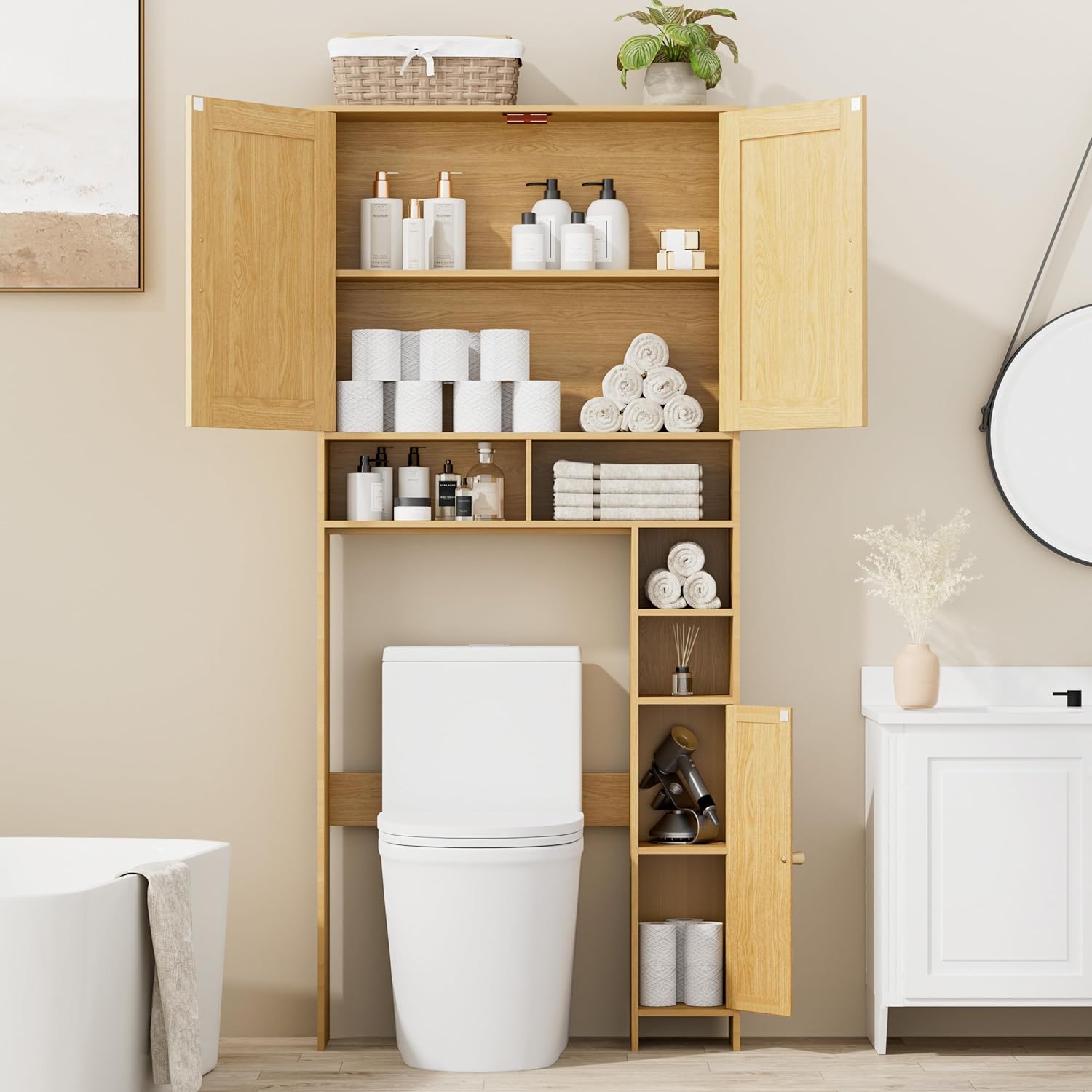 67" H Over The Toilet Storage Cabinet, Boho Bathroom Organizer with Rattan Decorated Doors, Adjustable Shelves, Toilet Paper Holder